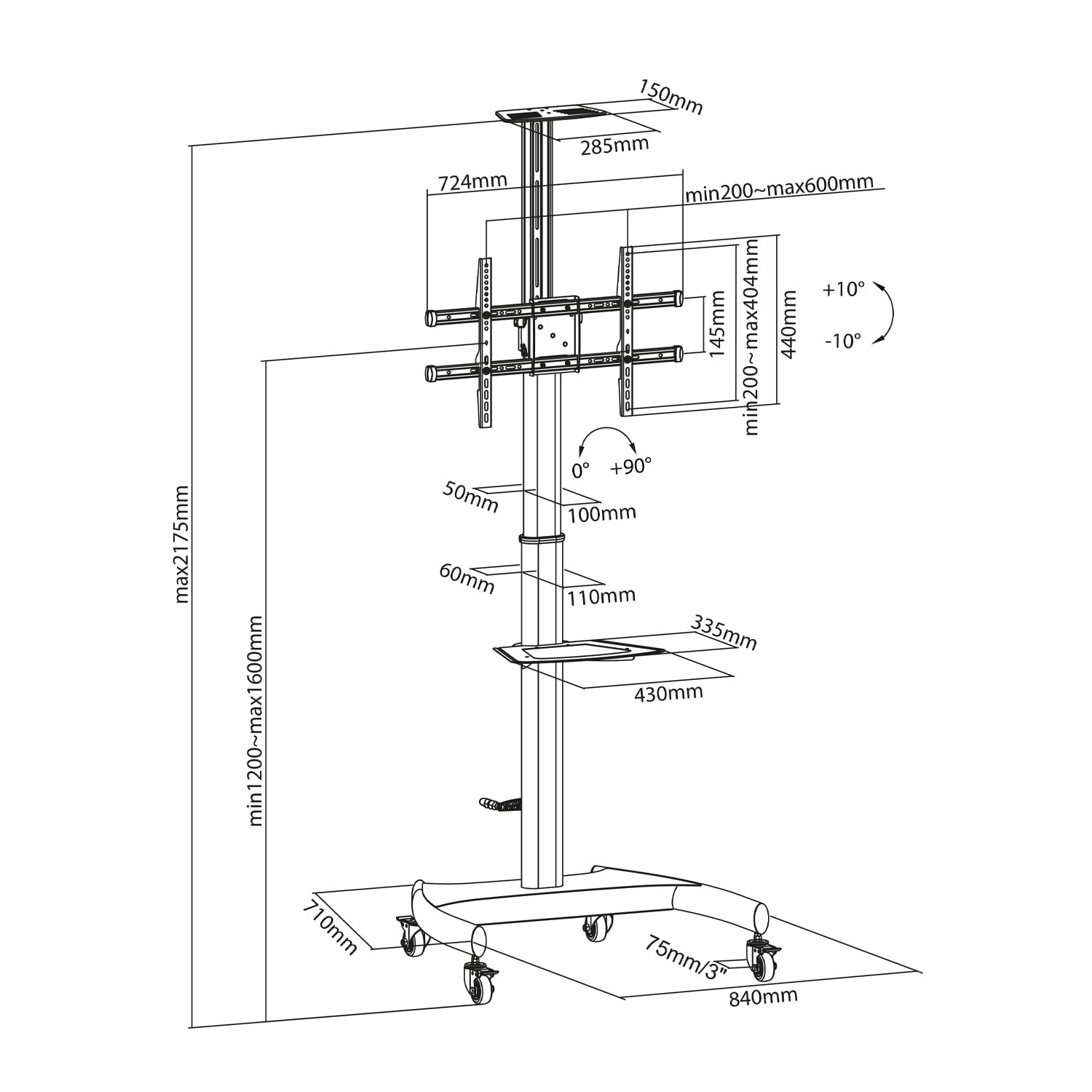 AISENS - FT70TE-169 - Soporte de Suelo Eco con Ruedas y Manivela, Bandeja para DVD y Soporte de Cámara para Monitor/TV 50Kg de 37-70, Negro