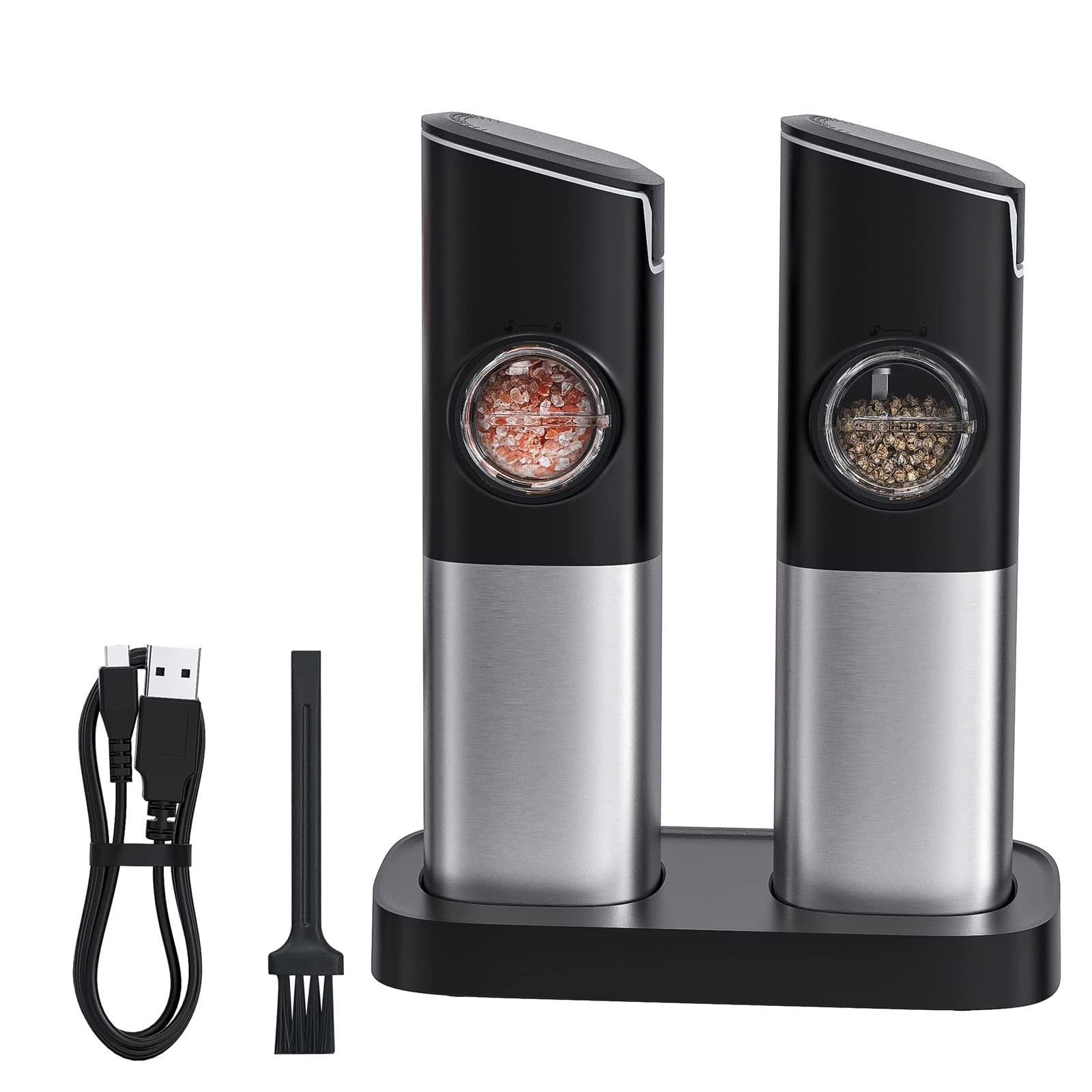 Elnwnnkc Electric Salt and Pepper Grinder Set Automatic Mill with Led Light, USB Charging Base and Adjustable Coarseness Electric Salt and Pepper Grinder Set Rechargeable with Light Base