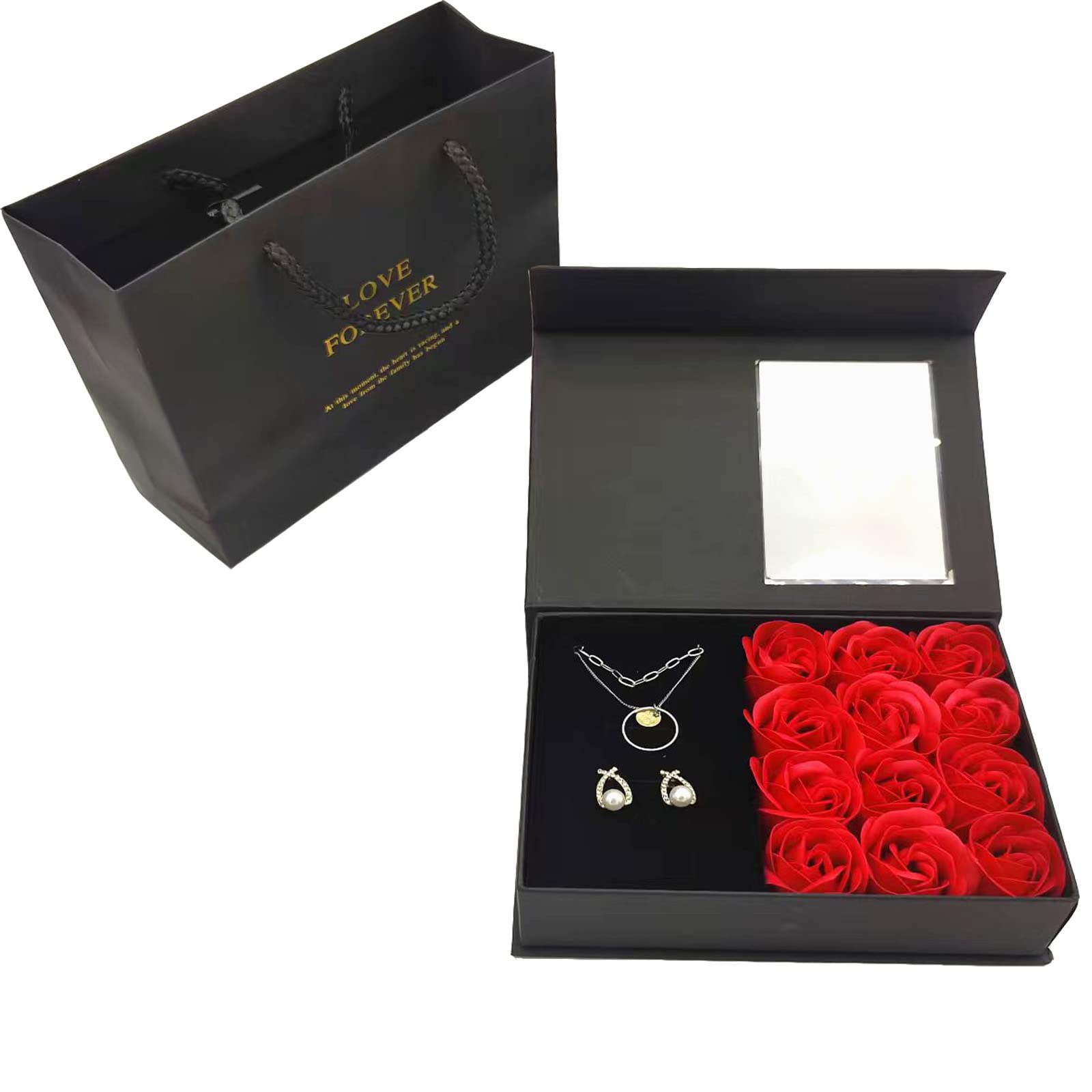 AIRZSNRY Necklace Gift Box for Women, Eternal Rose Jewelry Gift Box, Romantic Valentines Preserved Roses Packaging Box with 12 Roses for Valentines Day Mothers Day Anniversary Birthday (Red)