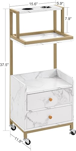 Miniatura 7 de BarberPub Carrito de salón con ruedas, carrito de peluquero con cajones, tablero de mármol para salón de belleza, marco de metal, portaherramientas