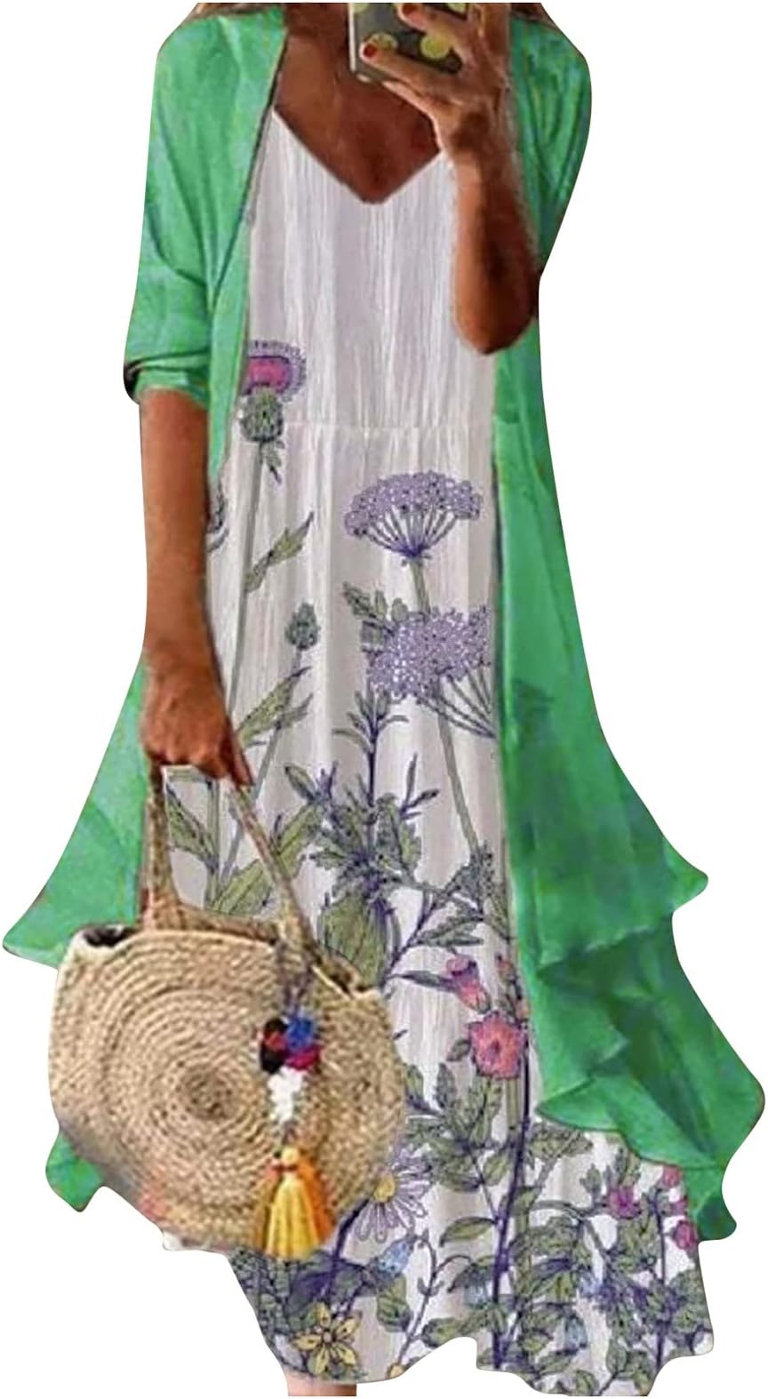 GIANTHONG Wedding Guest Dresses for Women,Mid Sleeves Floral Printed Women's 2023 Dress Elegant Long Beach Dress Party Dress