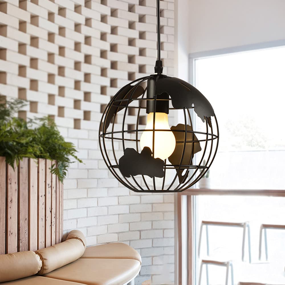 Chao Zan Globe World Map Pendant Light Industrial Retro Metal Lamp Shade Loft Bar Ceiling Hanging Lamp for Kitchen Lounge Restaurants Black-20cm