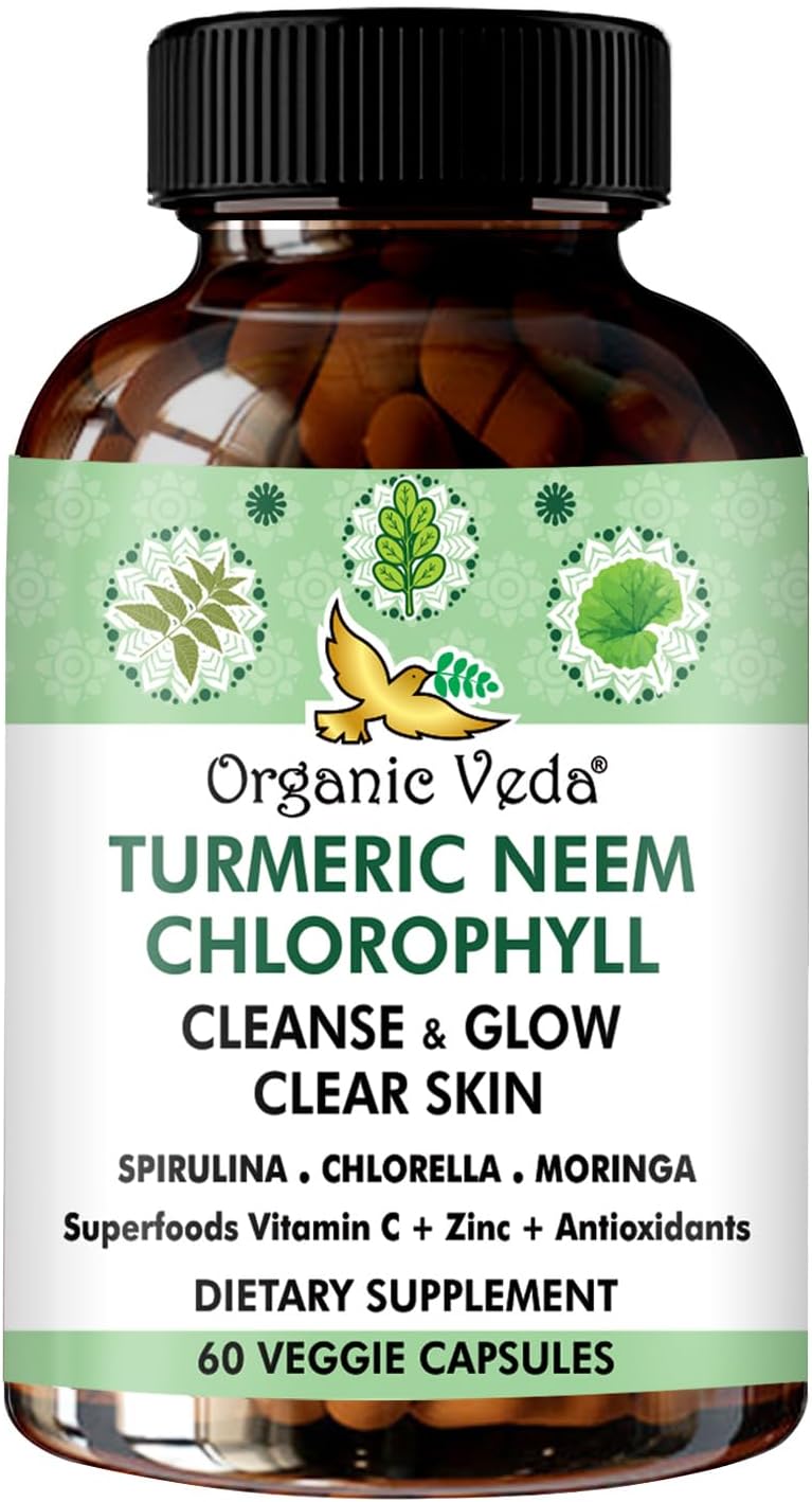 Turmeric Neem Chlorophyll, Glowing Clear Skin, Acne Supplement, Gut Health & Total Body Cleanse - Greens Antioxidants, Spirulina, Chlorella, Moringa, Vitamin C & Zinc - 60 Capsules