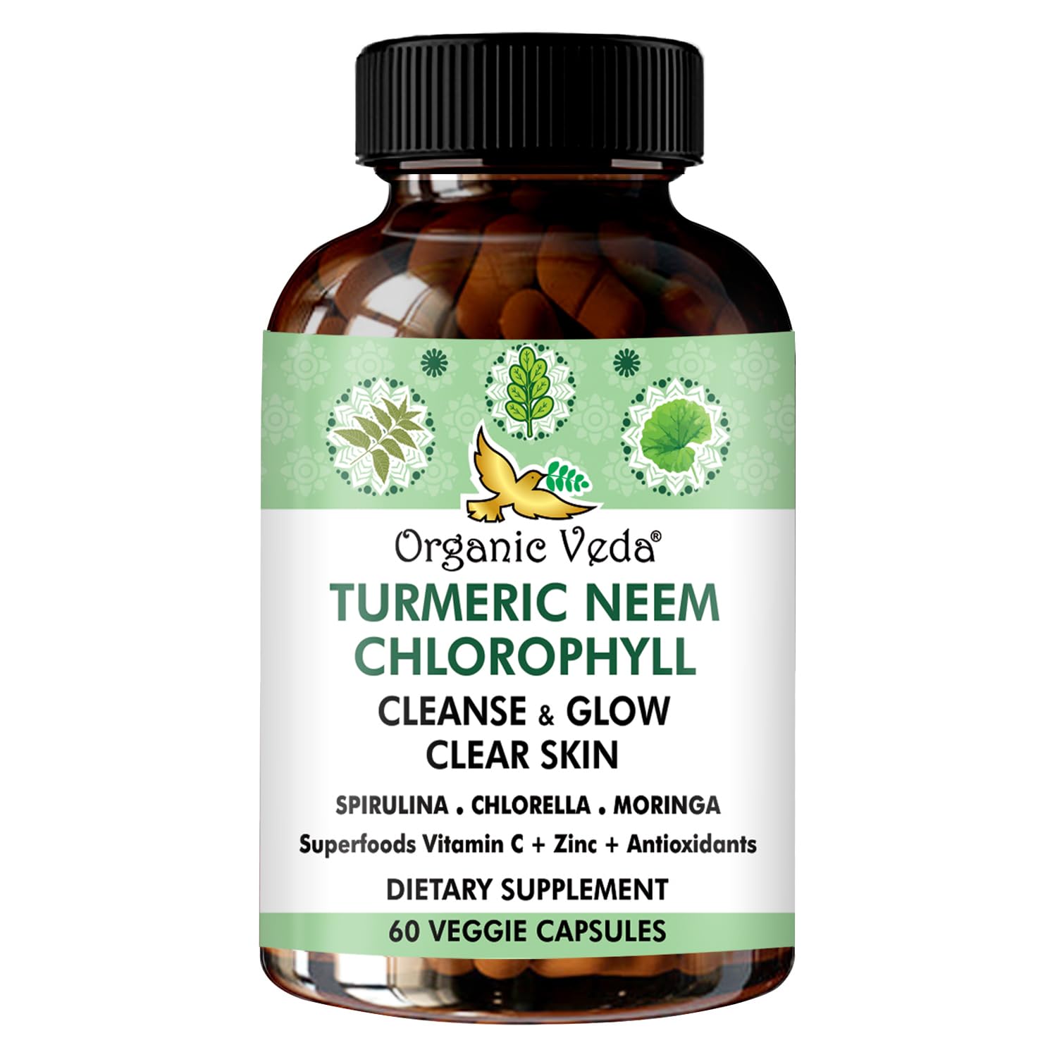 Organic Veda Turmeric Neem Chlorophyll, Glowing Clear Skin, Acne Supplement, Gut Health & Total Body Cleanse - Greens Antioxidants, Spirulina, Chlorella, Moringa, Vitamin C & Zinc - 60 Capsules