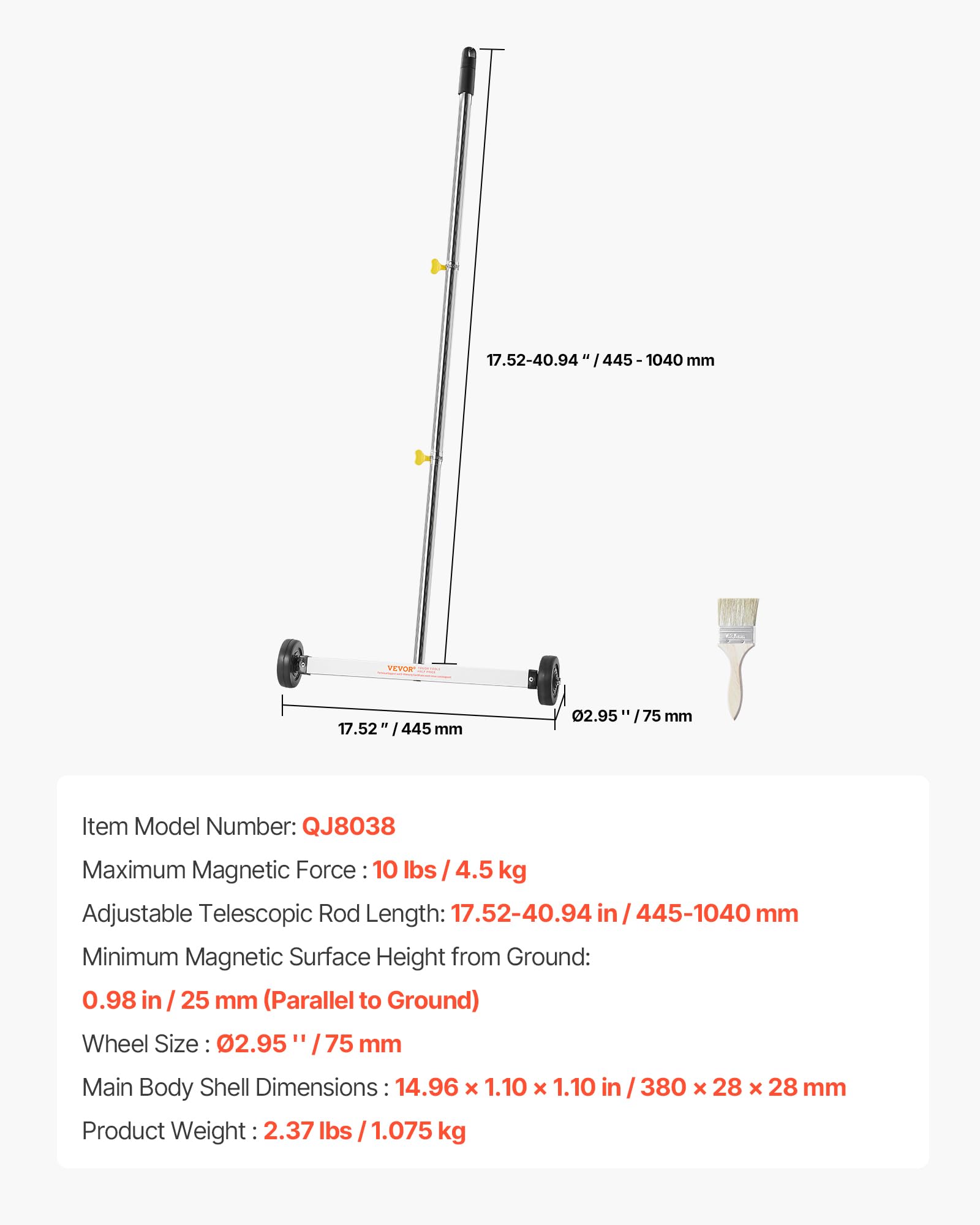 VEVOR Escoba Magnética con Ruedas, Capacidad de Carga de 4,5 kg, Mango Ajustable, para Recoger Clavos y Tornillos, Limpieza para Sitios de Construcción, Fábricas y Almacenes, 445 x 75 x 1040 mm