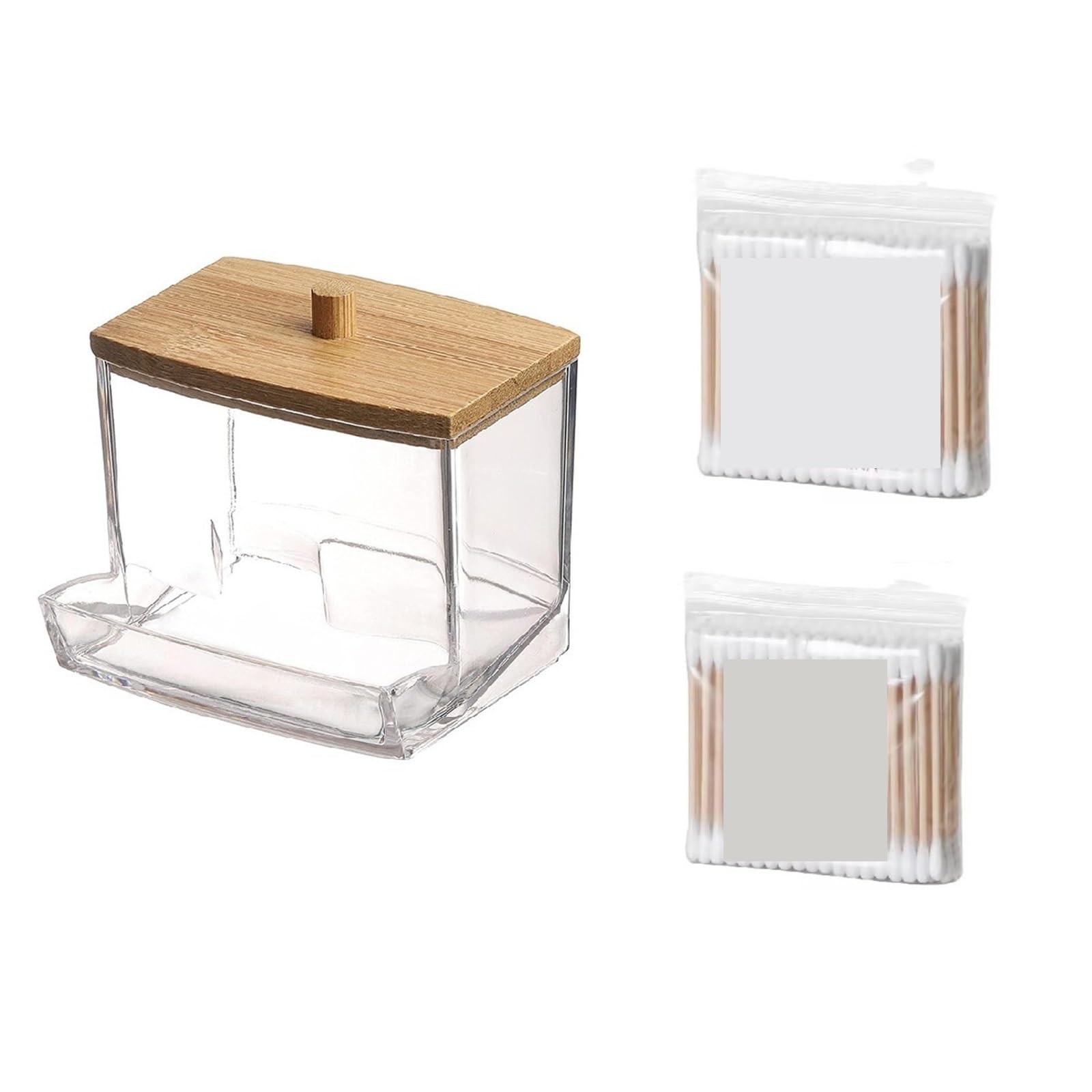 QuxetlRyz 1Pcs Cotton Swab Holder, Dispenser with Wooden Lids, Bathroom Storage Jars Containers Clear Plastic Cotton Buds Holder(Color3)