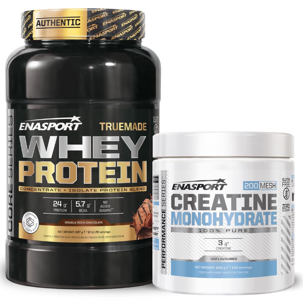 Pack Enasport Truemade Whey Protein 2lb + Creatina Monohidrato 300g | Aumenta el crecimiento muscular y la recuperación. (907, Chocolate)