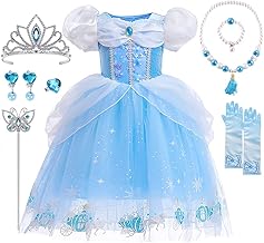 YYDSXK Deguisement Princesse Fille, Robe Princesse Cendrillon avec Couronne Princesse Collier Ensemble, Cendrillon Costume Carnaval Enfant, Déguisement Cendrillon Fille pour Cosplay