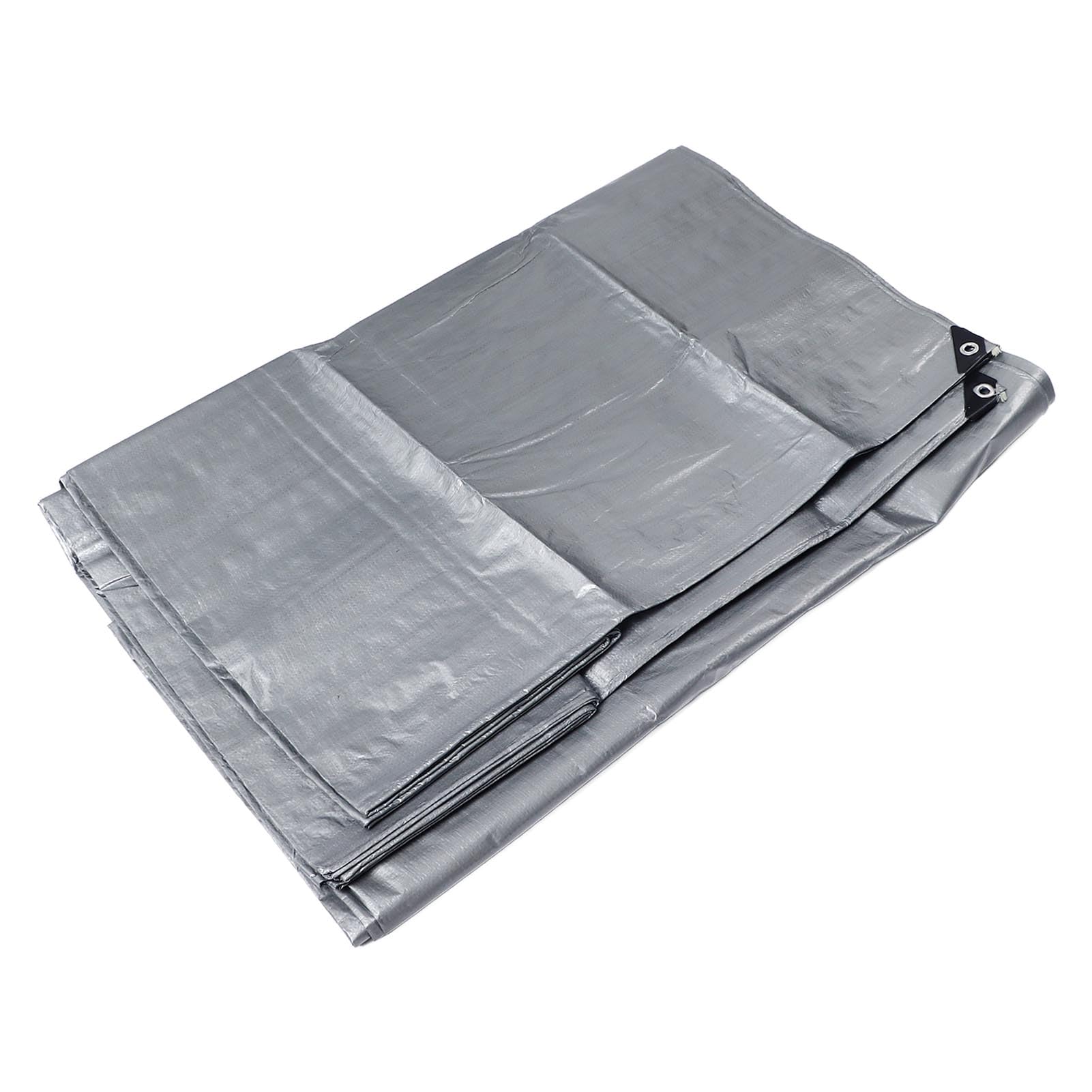Condition photo showing New/Like New for poly tarp cover, thick double silver, heat insulating sunproof tear proof multipurpose tarp, 13.12ft width 19.69ft length, and windproof for outdoor use
