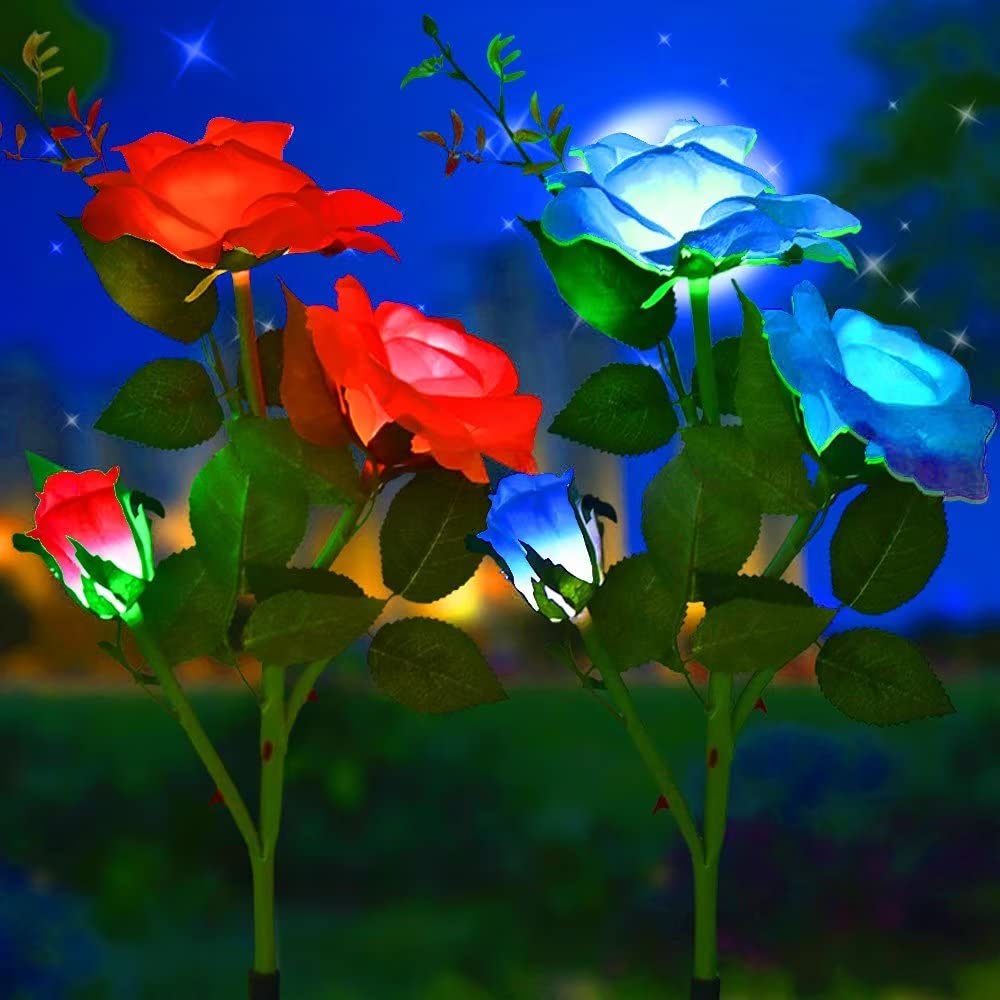 GUANSHAN 2 PC Outdoor Solar Lights, Rose Solar Flower Lights, Rose Flower Solar lamp, Led Solar Lawn Light, Perfect for Garden, Yard, Patio, Walkway (Red + Blue)