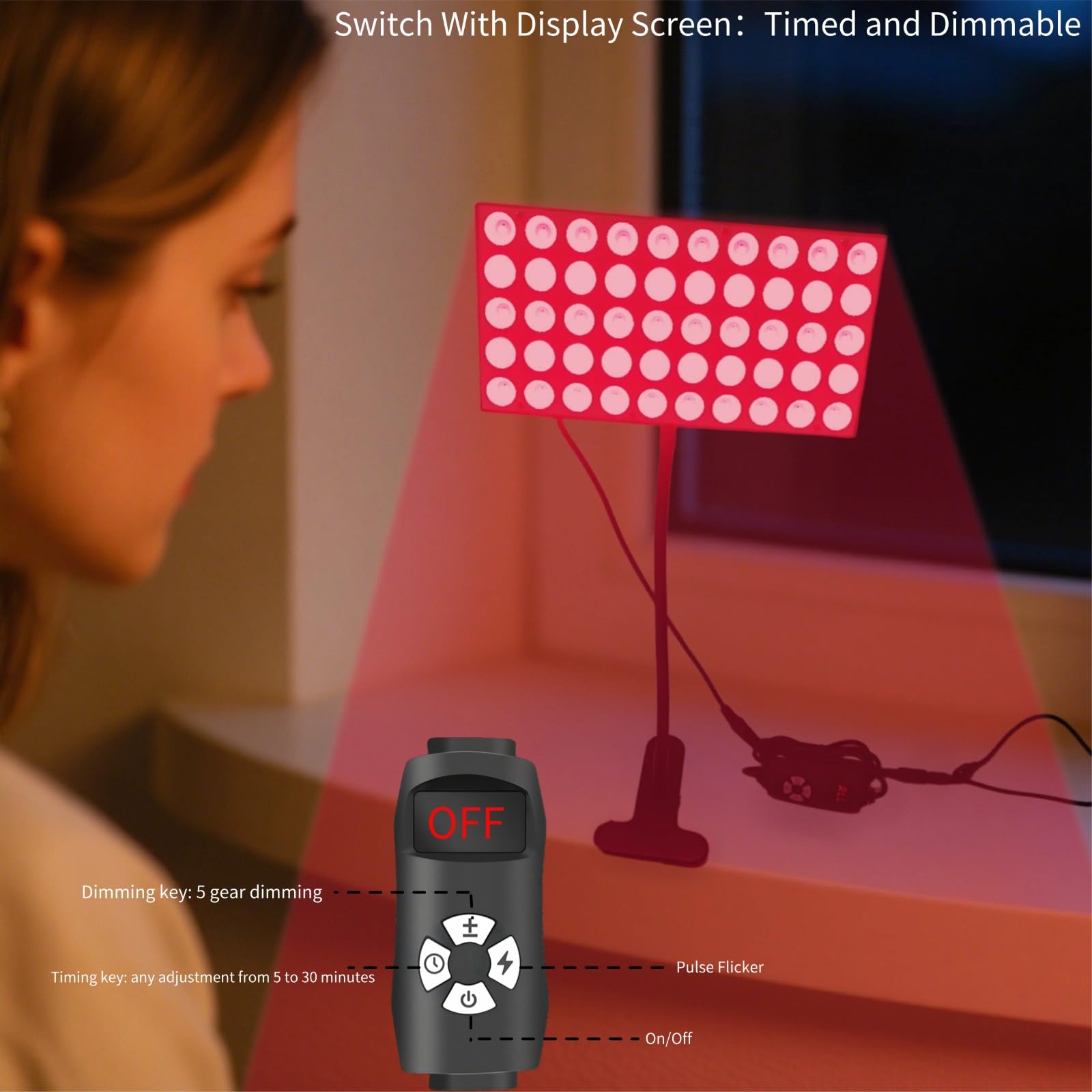 Lampe de luminothérapie infrarouge portable à pince, 100 LED 660 nm et 850 nm, 30 W, 5 niveaux de luminosité, col de cygne et angle réglables, minuterie et protection des yeux pour le visage et le