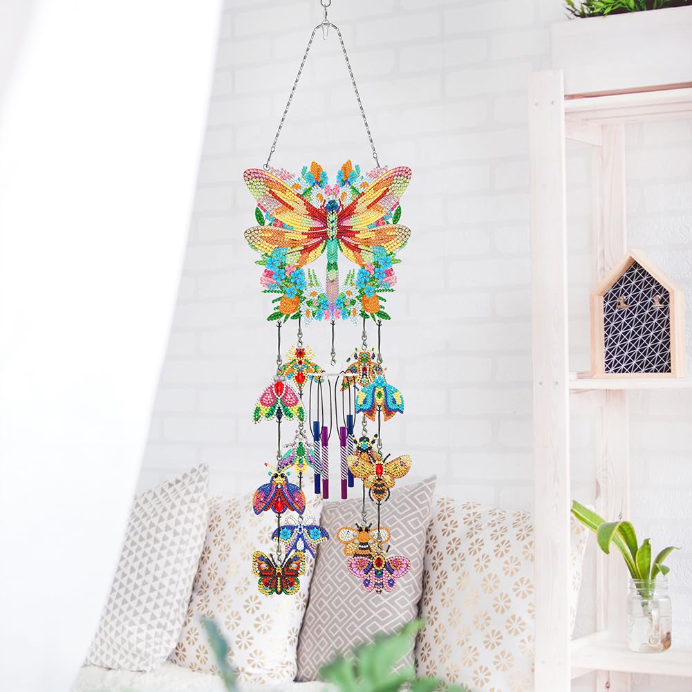 RuiDay Diamond Painting Kits for Adults-Diamond Art Wind Chime Kit, Diamond Paintings Hanging Ornaments, Diamond Dot Painting Wind Chime, Gifts for Women Mom Grandma Holiday Decor (Dragonfly)