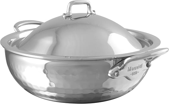 Mauviel M'Elite 5-Ply Hammered Polished Stainless Steel Chef Pan With Dome Lid, And Cast Stainless Steel Handles, 2.1-qt, Made in France