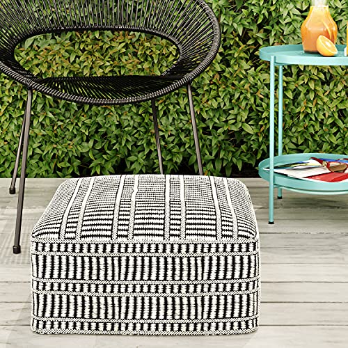 SIMPLIHOME Safford Boho Square Woven Outdoor/ Indoor Pouf in Black and White Recycled PET Polyester for the Living Room, Family Room, Bedroom and Kids Room SIMPLIHOME Safford Boho Square Woven Outdoor/ Indoor Pouf in Black and White Recycled PET Polyester for the Living Room, Family Room, Bedroom and Kids Room