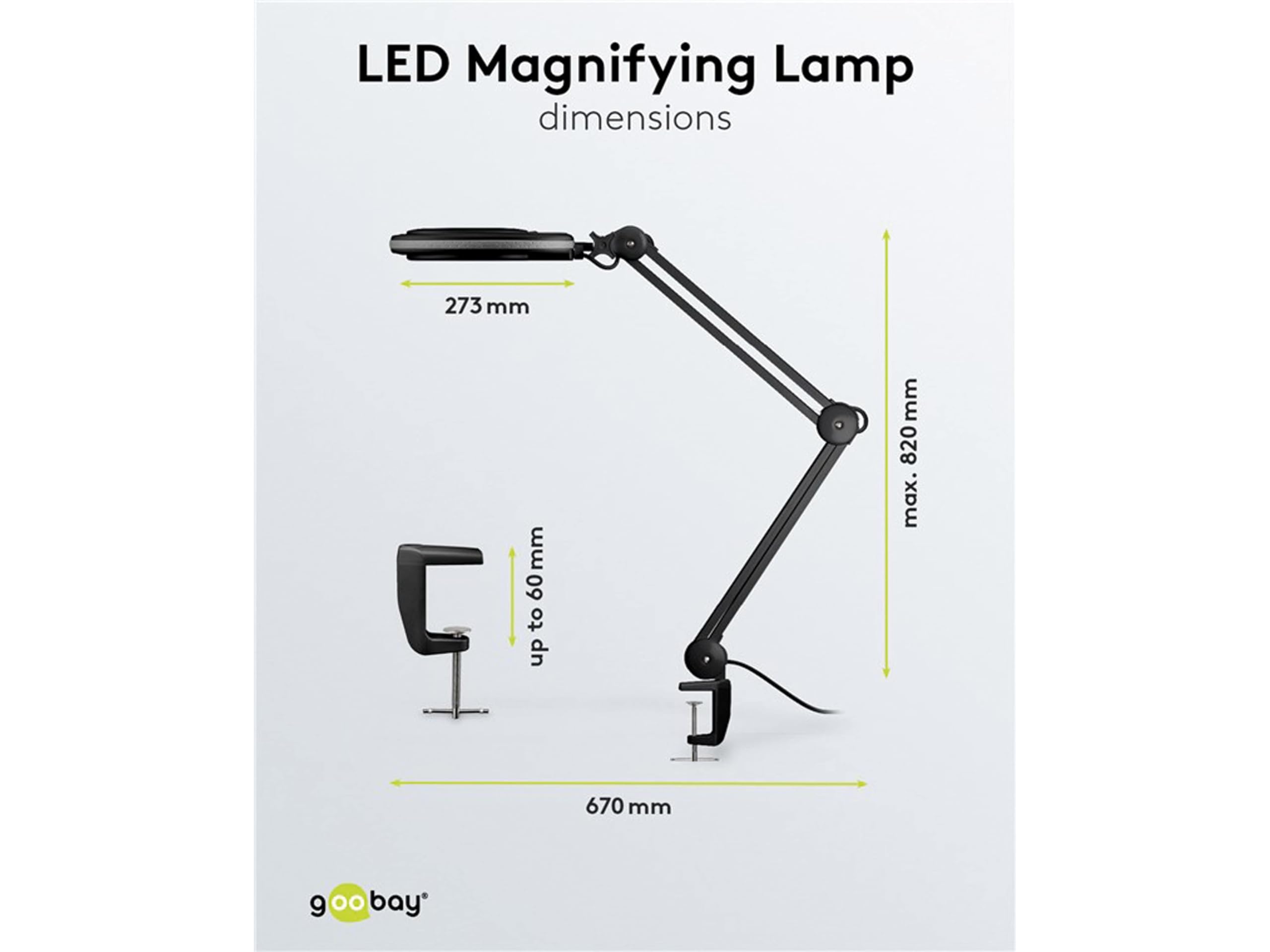 goobay 64989 Lámpara aumento LED 8W 650lm/ pinza/lente cristal 127mm 1,75 aumentos/lupa trabajo cosmética, soldadura, manualidades, leer/brazo doble articulación/lámpara sobremesa
