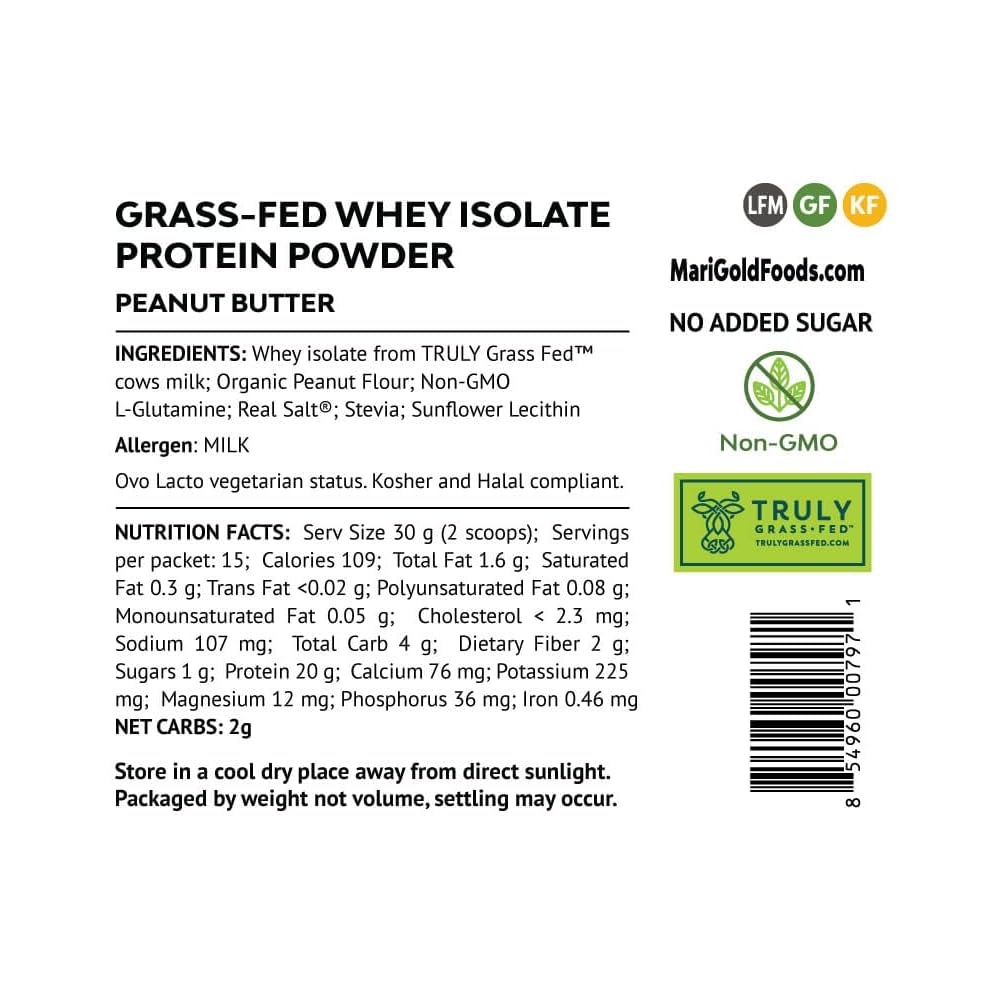 MariGold Grassfed Whey Protein Isolate Powder Peanut Butter Flavor