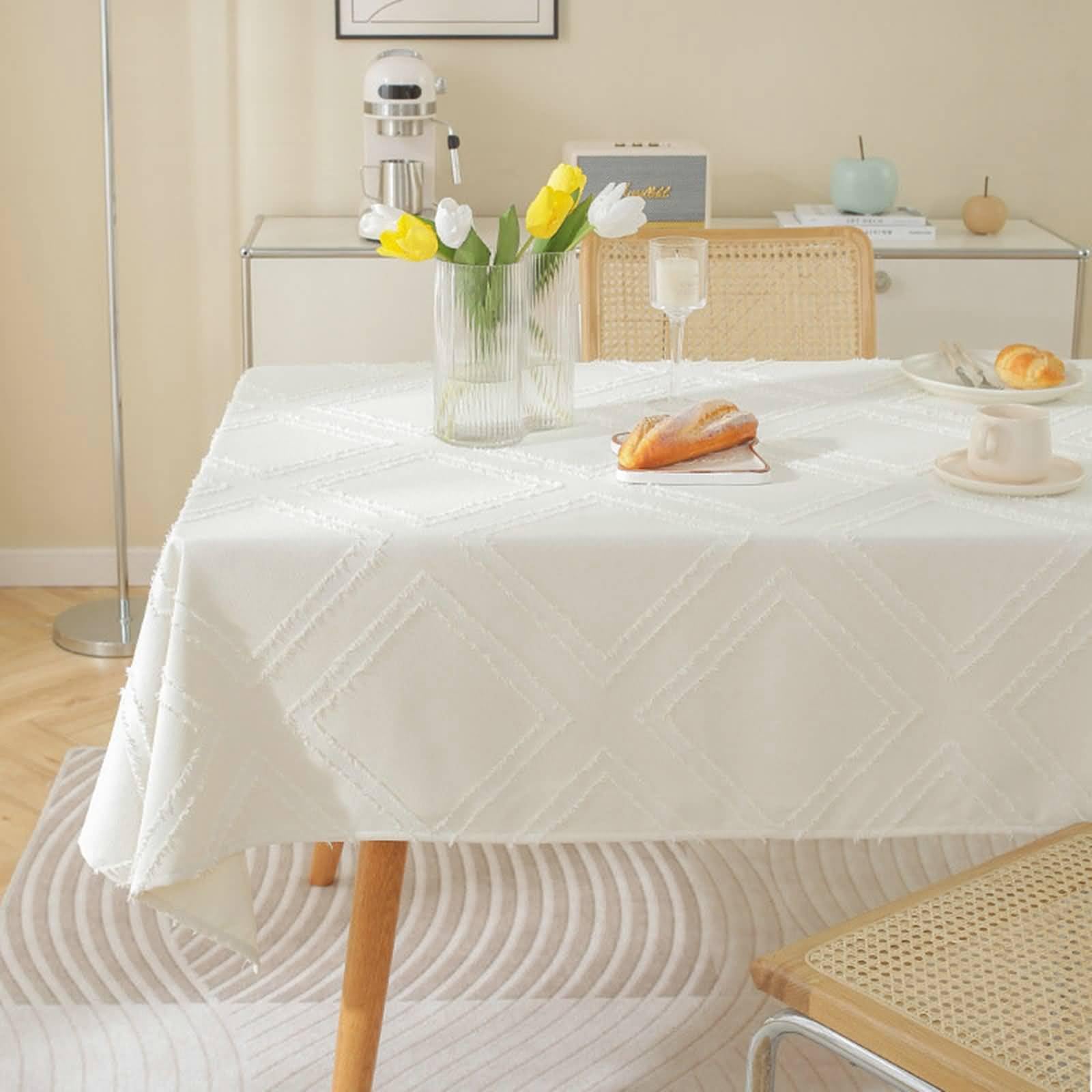 Tovaglia Da Tavolo Moderne, Tovaglie 135 x 200 cm Motivo a rombo lanuginoso in Cotone Lino Tovaglia per La Decorazione della Casa CucinaBianco cremaStile1