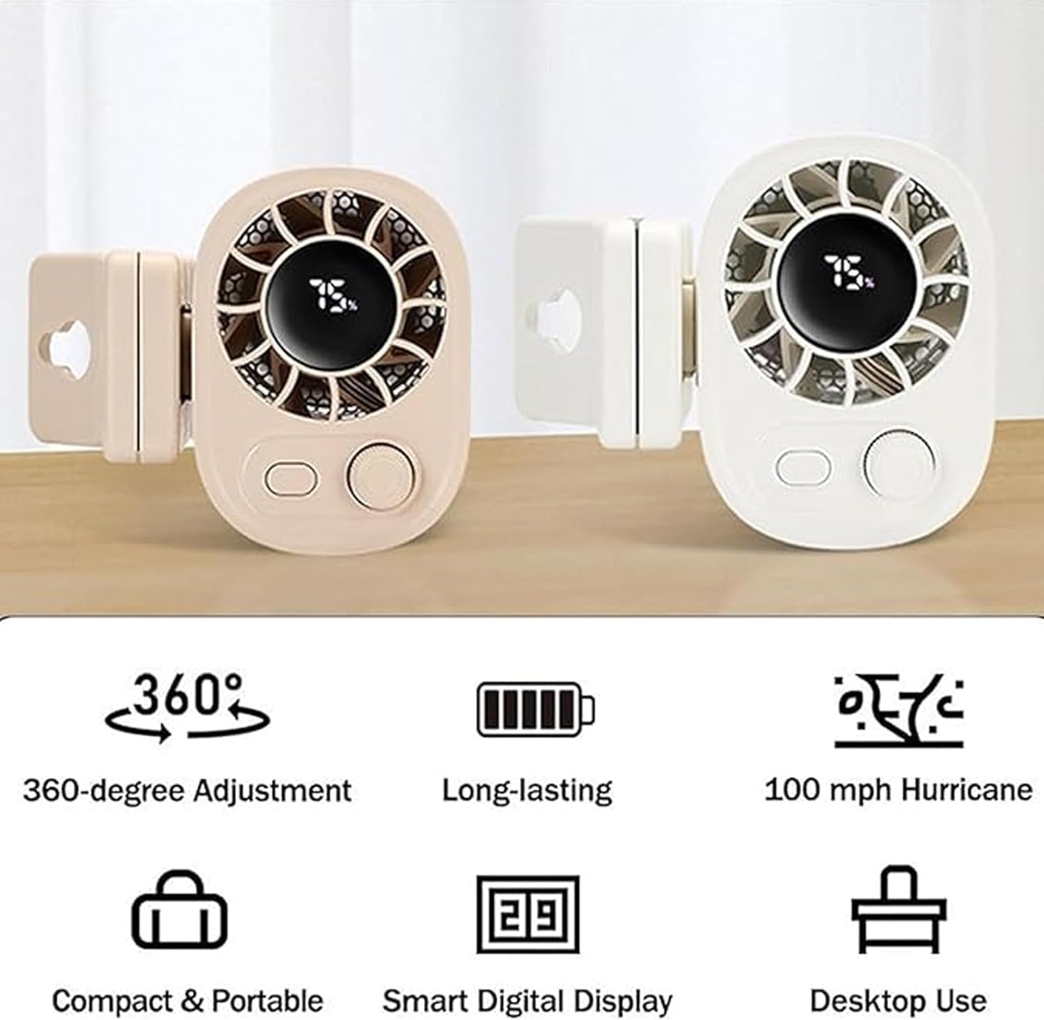 Car Clip on Fan with Led Display - 360° Rotation, 100 Speeds Adjustable, USB Rechargeable Personal Cooling Fans 1800mAh Battery, Strong Wind Ultra Quiet (White +Khaki)