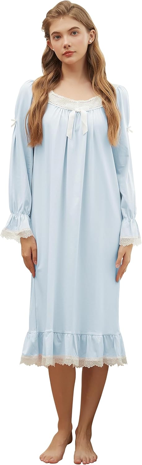 Nanxson Cotton Nightgown for Women Short/Long Sleeve Princess Nightdress Victorian Nightwear Lace Ruffled Nighties with Bow