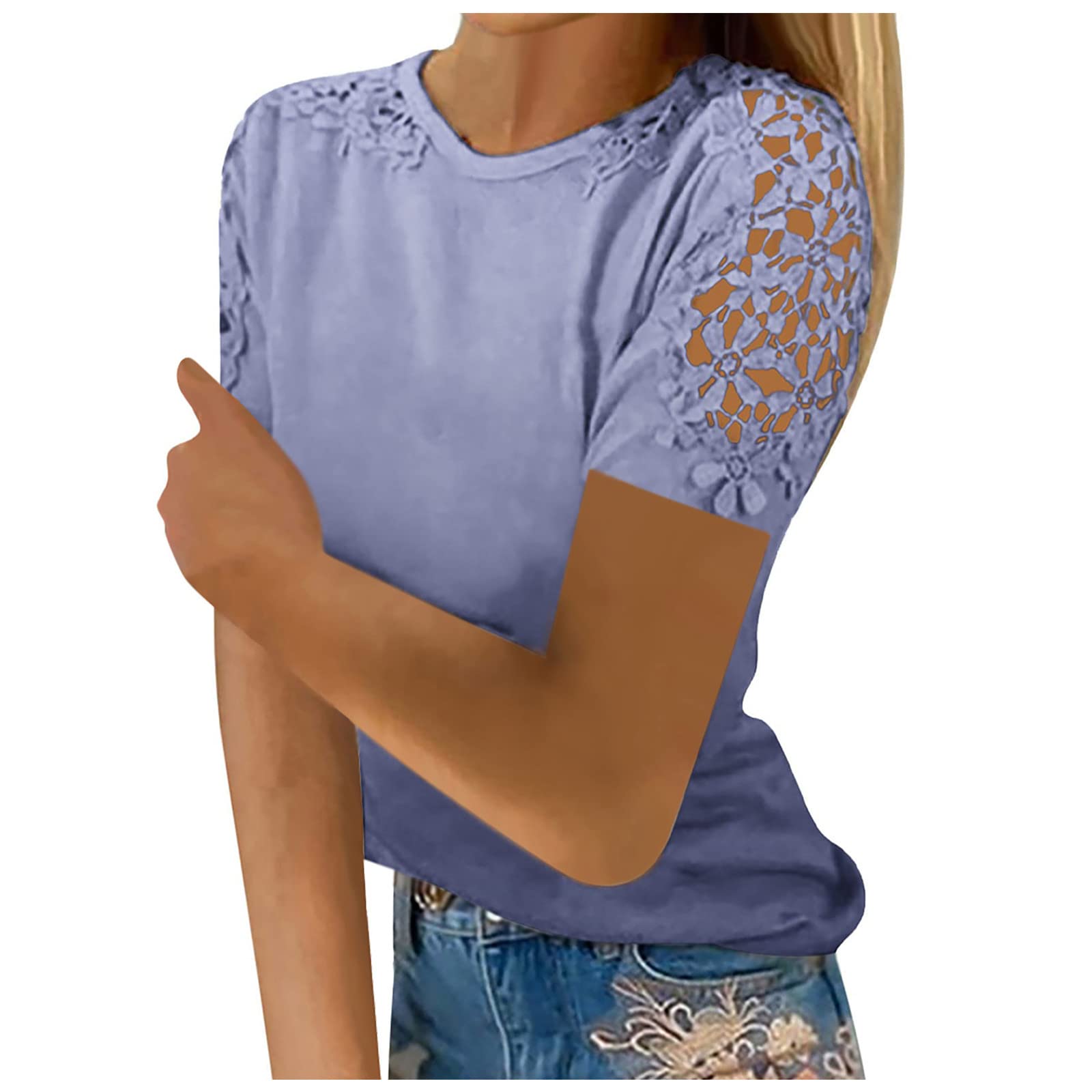 Womens Hollow Out Lace Crewneck Short Sleeve Pullover Shirts Tops Fashion Casual Tunic Blouses Cold Shoulder T-Shirts