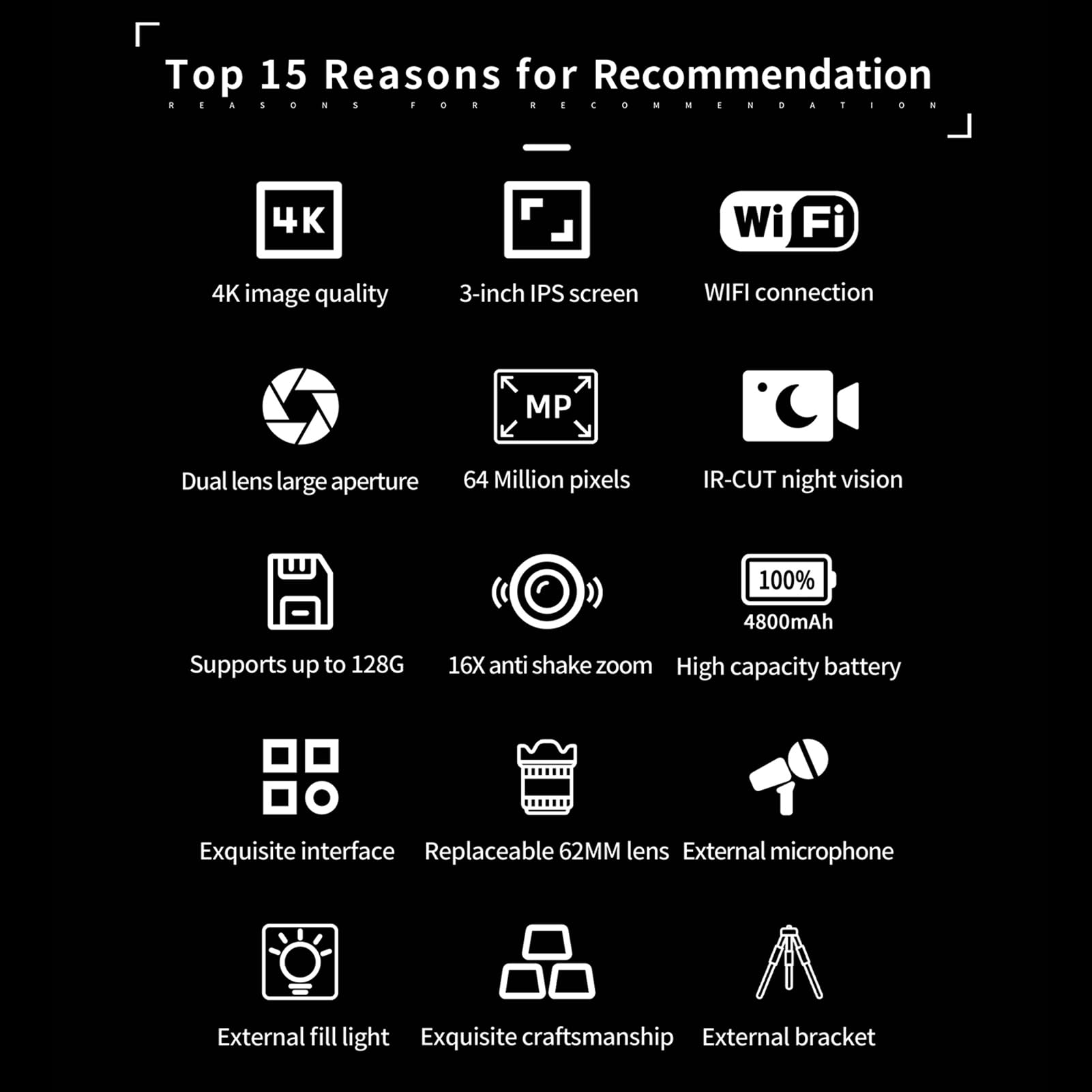 Appareil photo numérique 4K WiFi 64 MP double objectif vidéo avec vision nocturne 16X Anti-Secouement Microphone externe Support Batterie intégrée Écran IPS 3" pour anniversaires festivals