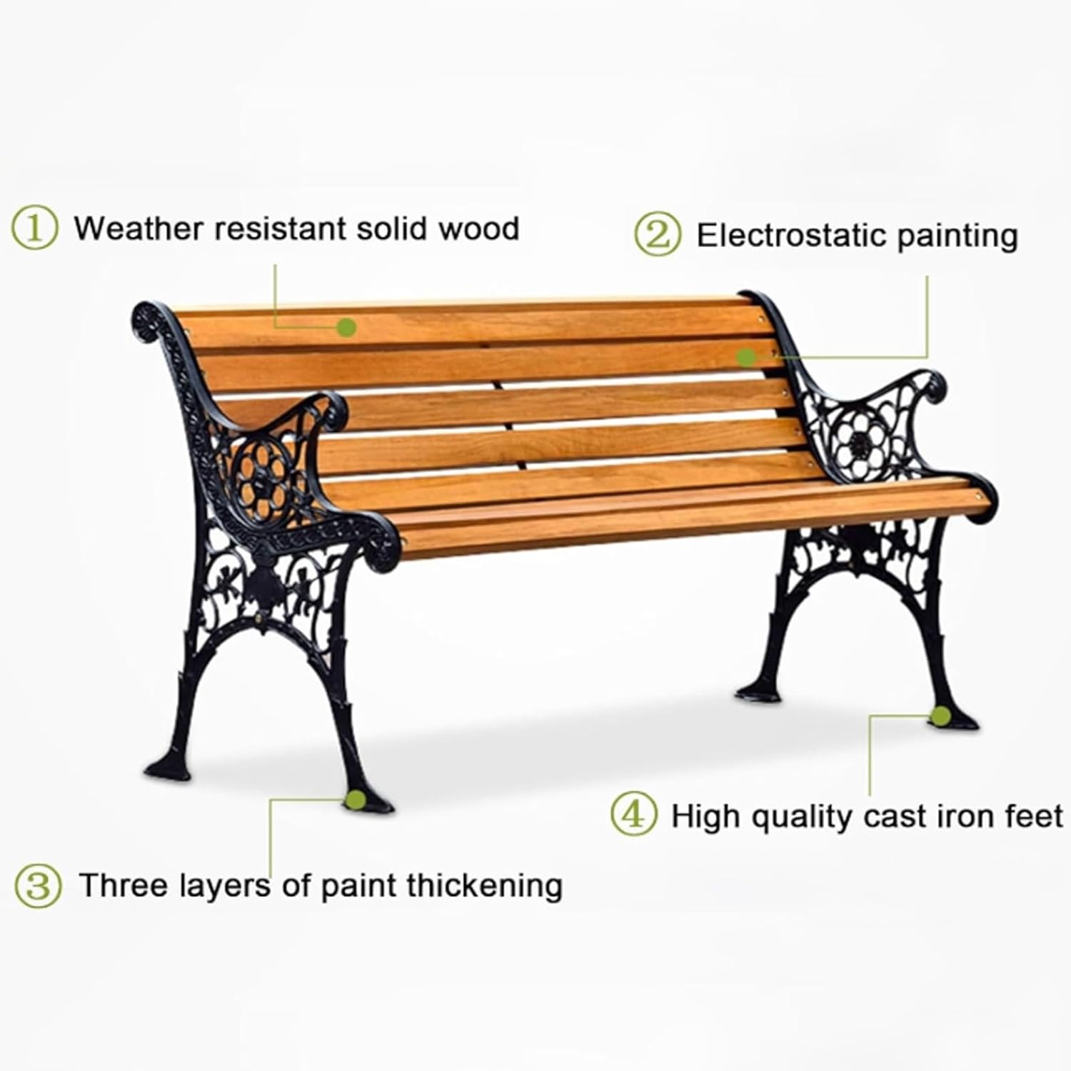 Outdoor Bench, Solid Wood Garden Bench, Metal Bench with Backrest and Armrest, Park Patio Bench for Porch, Lawn(Brown,120cm/47.2in)