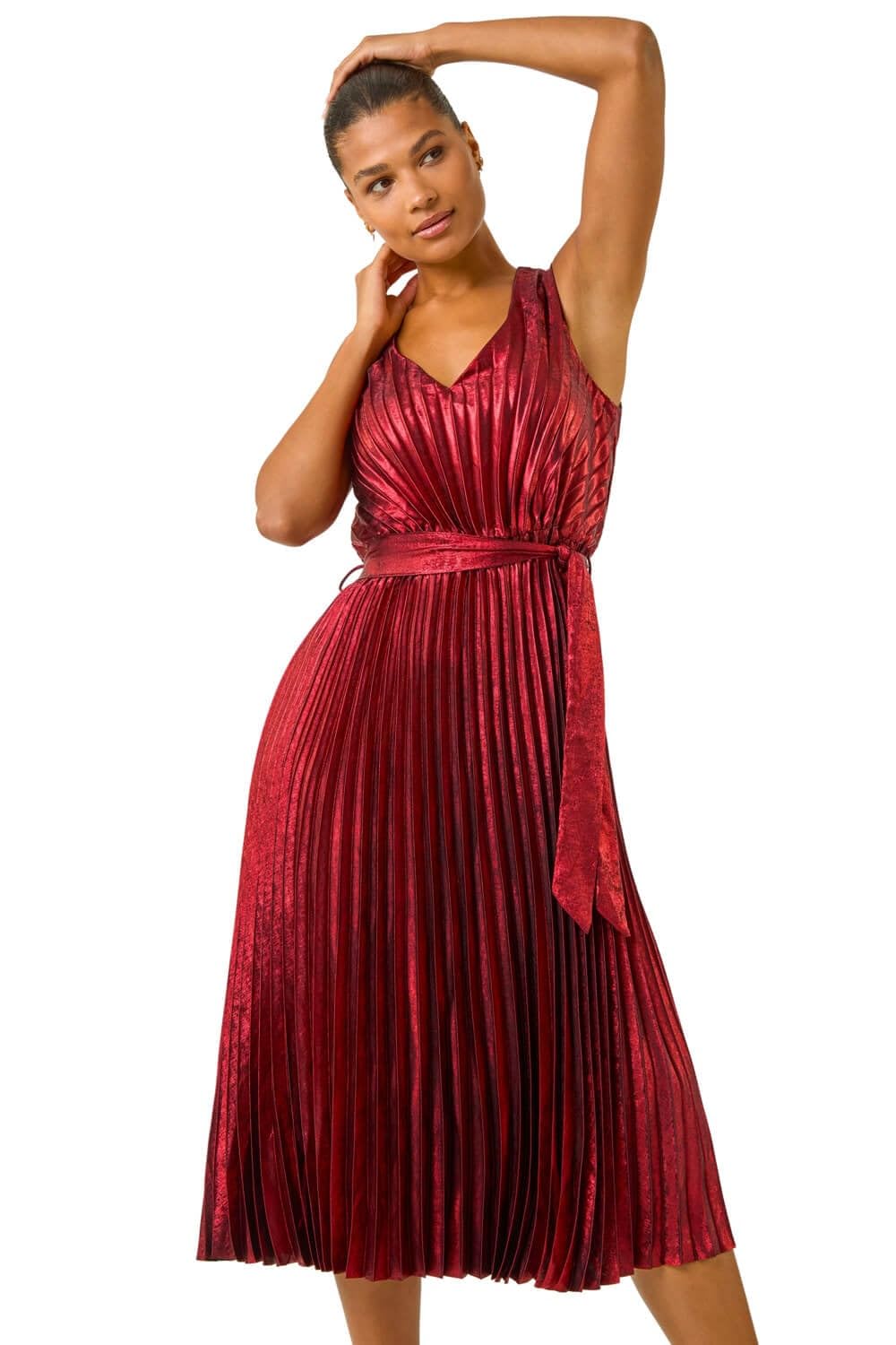 Roman Women's Red Metallic Pleat Belted Midi Dress In | Size: 14