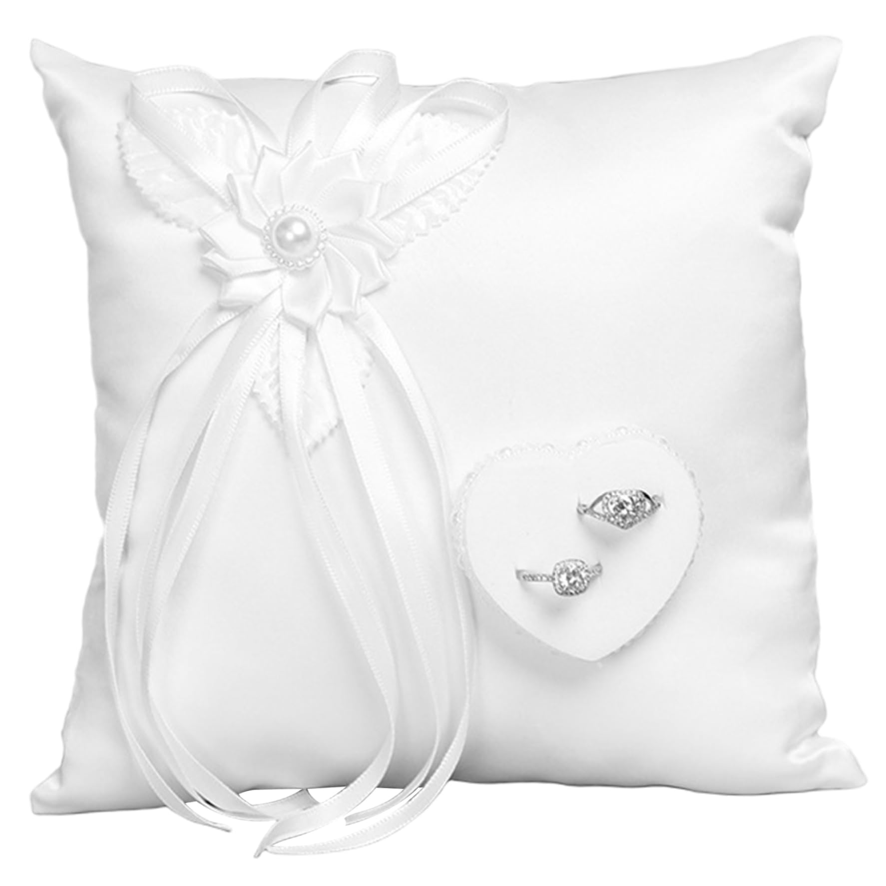 Monwssoe Ring Bearer Pillows, Ring Bearer Pillow, White Square Wedding Pillow with Pearl Camellia & Heart Holder for Wedding Ceremony