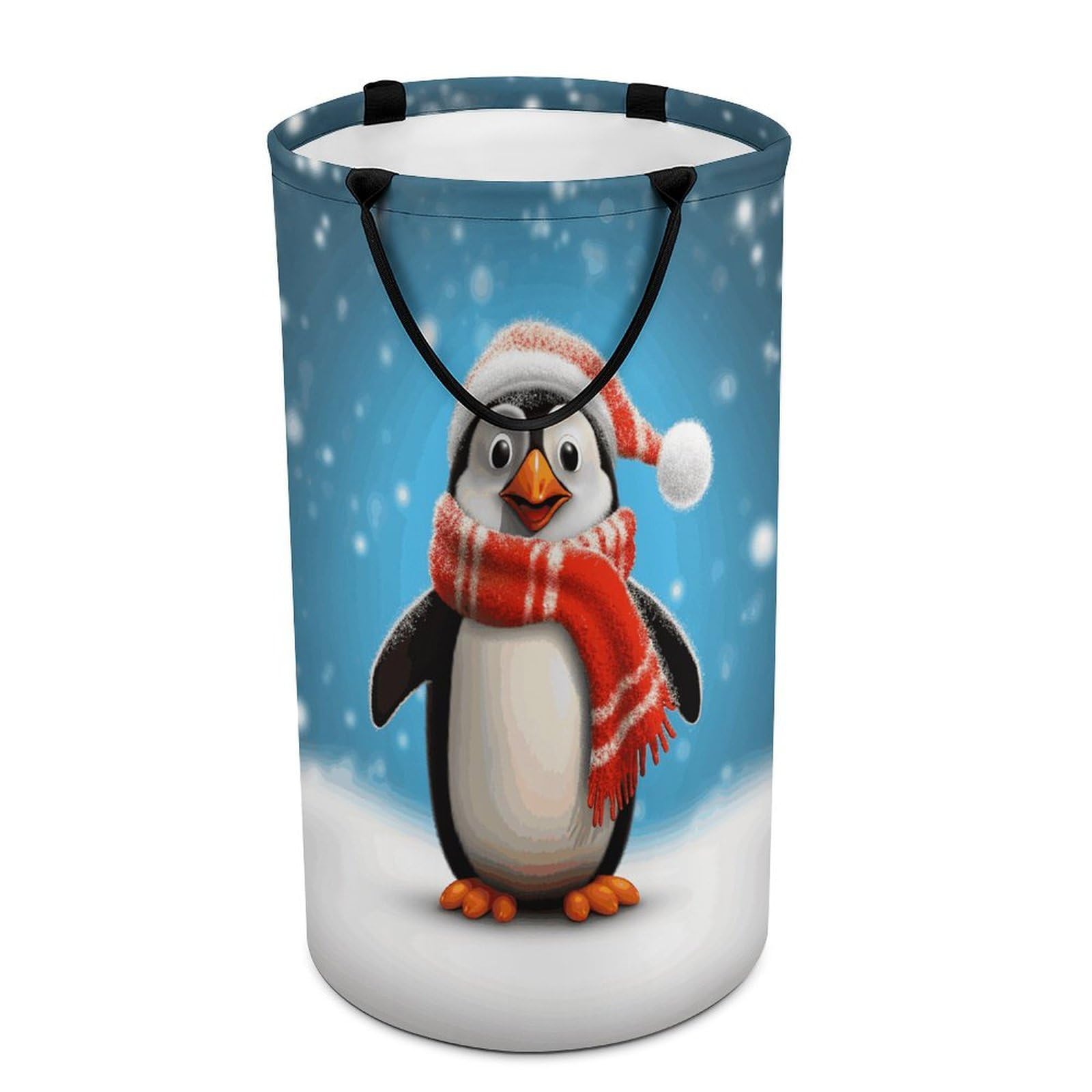 Christmas Funny Penguin Laundry Basket Waterproof And Moisture-Proof Storage Bins Collapsible Round Laundry Hamper Perfect for Toys, Clothes And Sundries