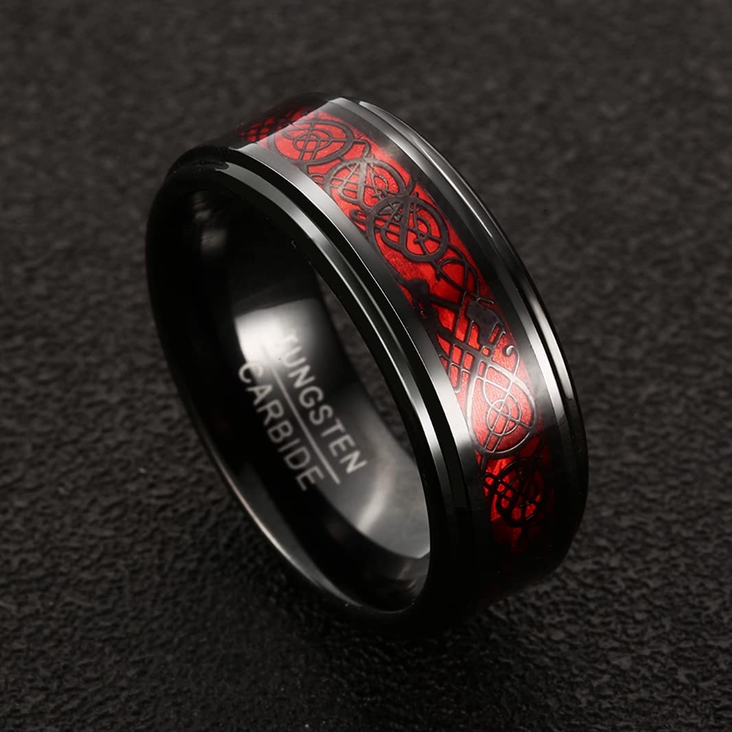 NUNCAD Bague Homme Dragon Celtique, Anneau en Tungstène avec Fibre de Carbone, 8mm, Bague/Bleu/Or/Noir/Rouge