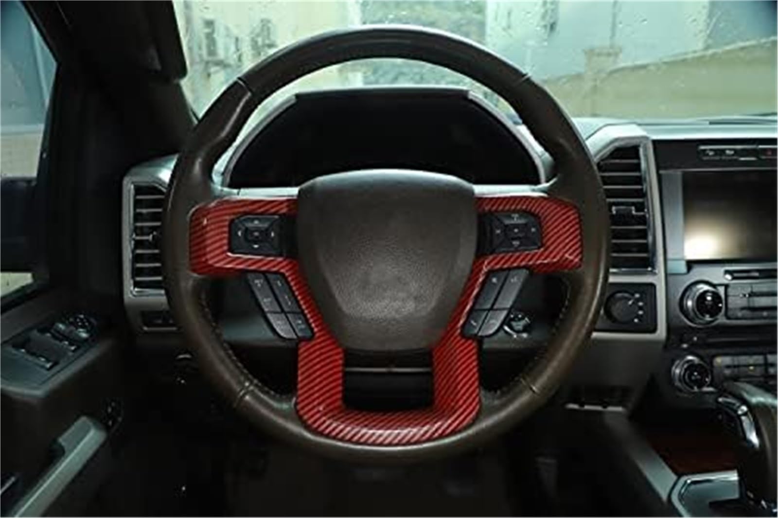 Dla Wittsy dekoracja panelu kierownicy samochodu pokrywa tapicerka naklejka, D, dla F150 2015 2016 2017 2018 2019 2020 Osłona emblematu na kierownicę, środkowa część wnętrza samochodu(Rot)