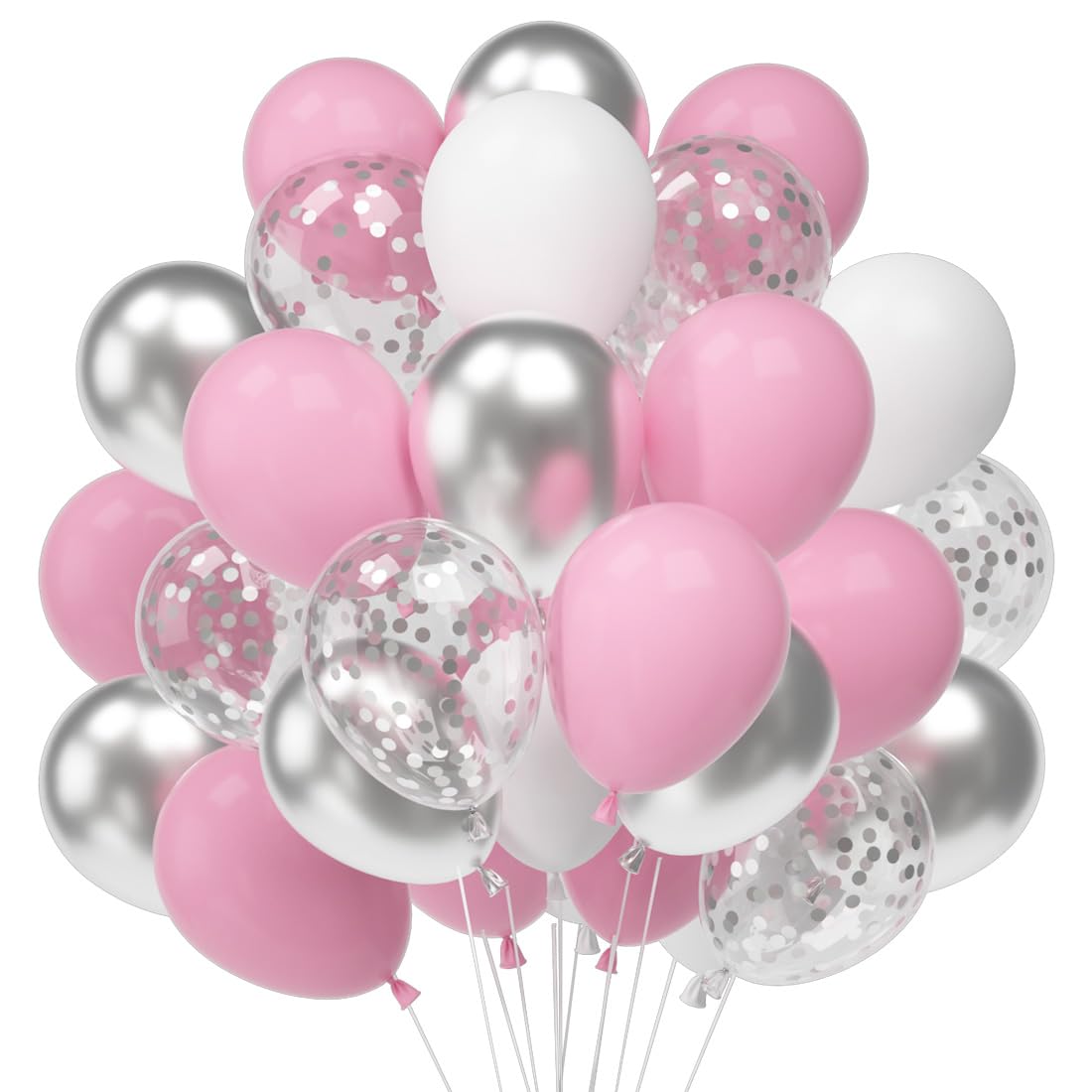 60 Piezas Globos Plateado Blanco Rosa, Globos de Blanco, Plata Confeti Latex Globos para Cumpleaños, Bodas Aniversario, Bautizos Comunion Baby Shower, Graduacion Fiesta Decoracion