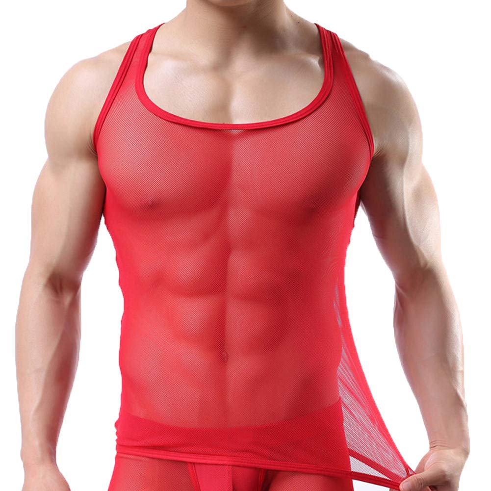 Uneihoiz Men's Summer Mesh Soft Tank Top See Through Vest Stretch Undershirt Red Large
