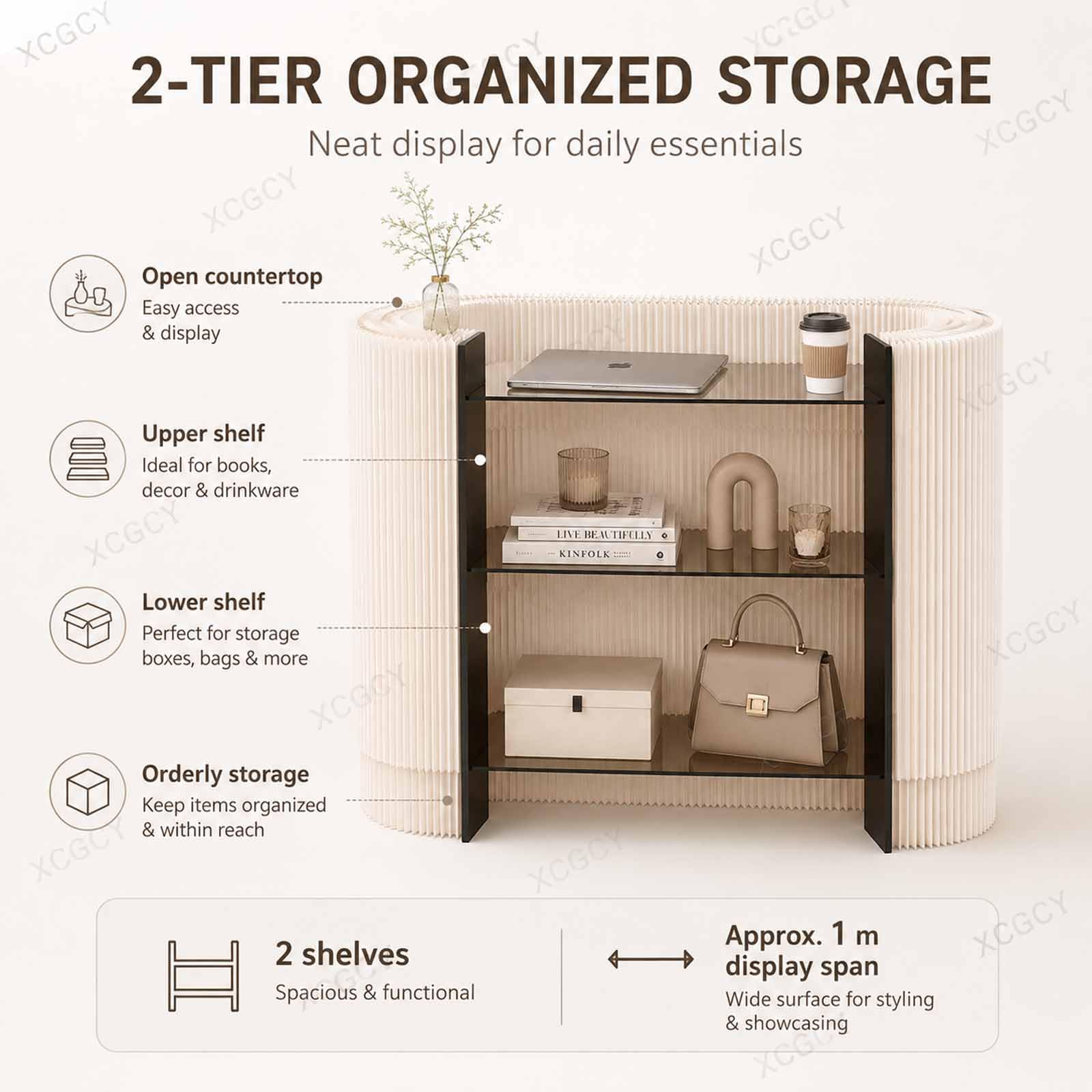 Banco Cassa Curvo E Portatile, Bancone Reception Pieghevole per Esposizioni, Reception con 2 Ripiani in Acrilico, Bancone Cassa Compatto per Boutique, Salone, Spa E Hall White