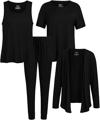 Women's 4-Piece Pajama Set, Soft Hacci Knit Loungewear, Short Sleeve T-Shirt, Tank Top, Cardigan & Jogger Pants