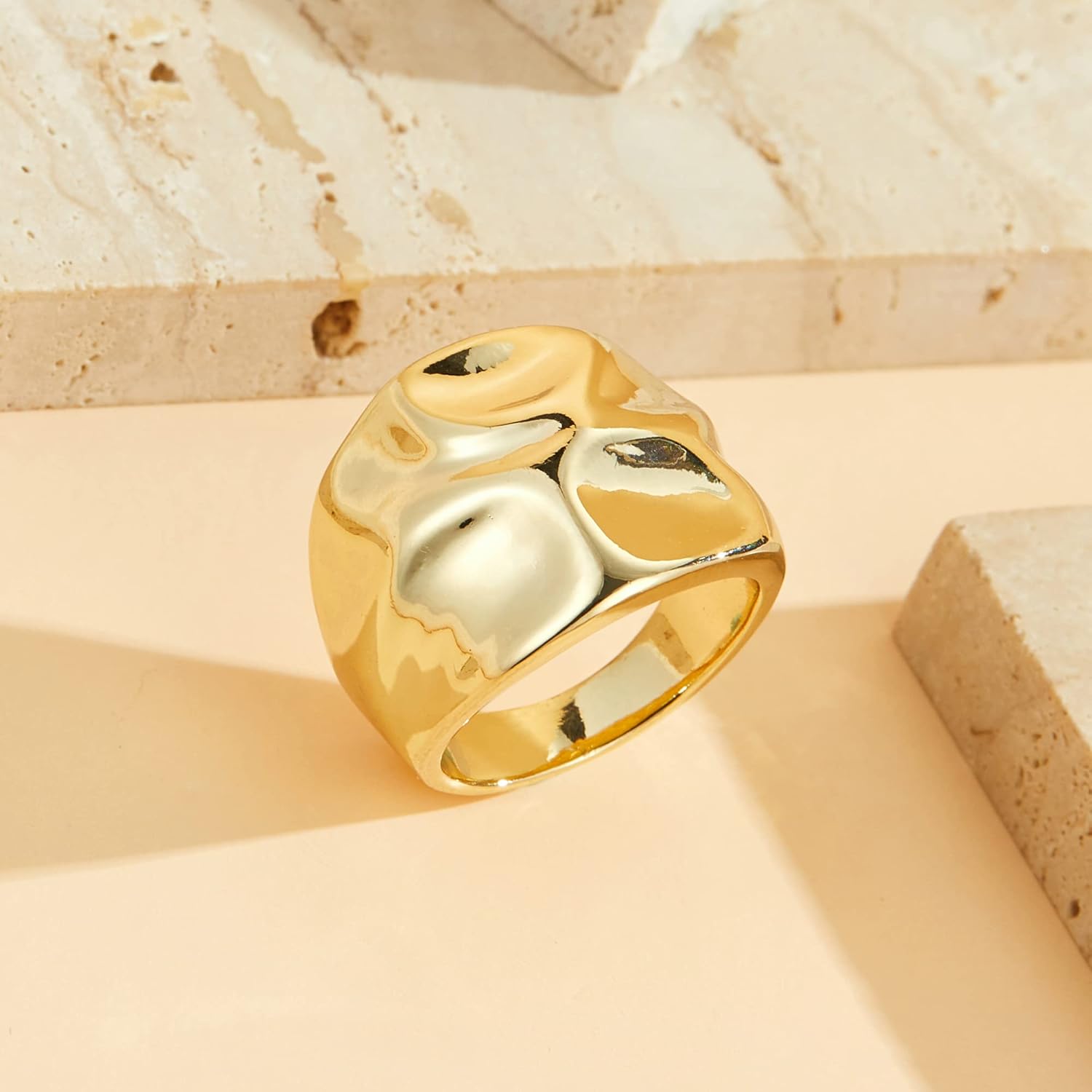 Mytys Chunky Dome Statement Ring - 18K Gold Plated Wide Band Ring with Hammered Design, Modern Sculptural Fashion Jewelry for Women Size 7-10 - Image 5