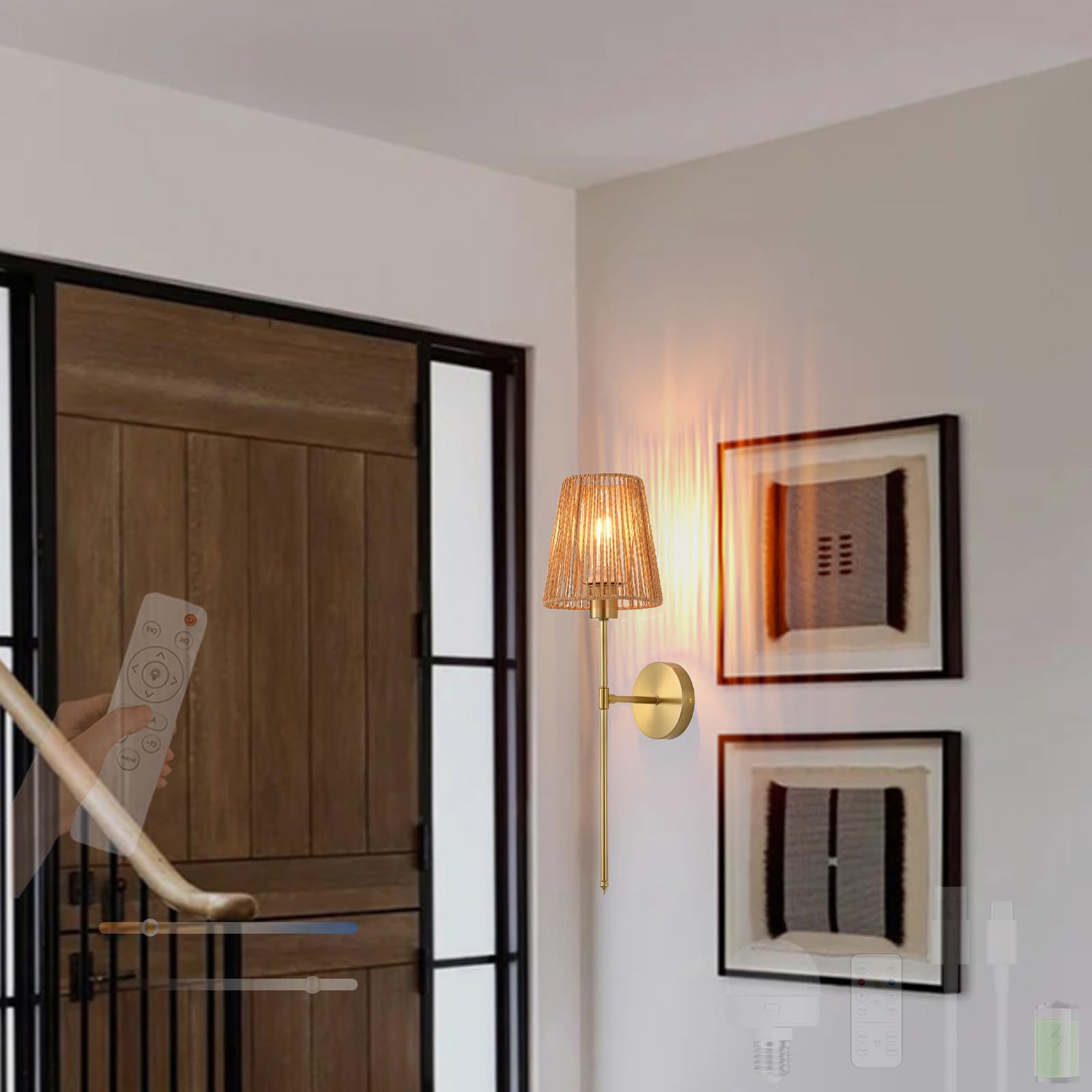 Iluminación de pared inalámbrica sin instalación eléctrica: Lámpara de ratán Boho regulable 8