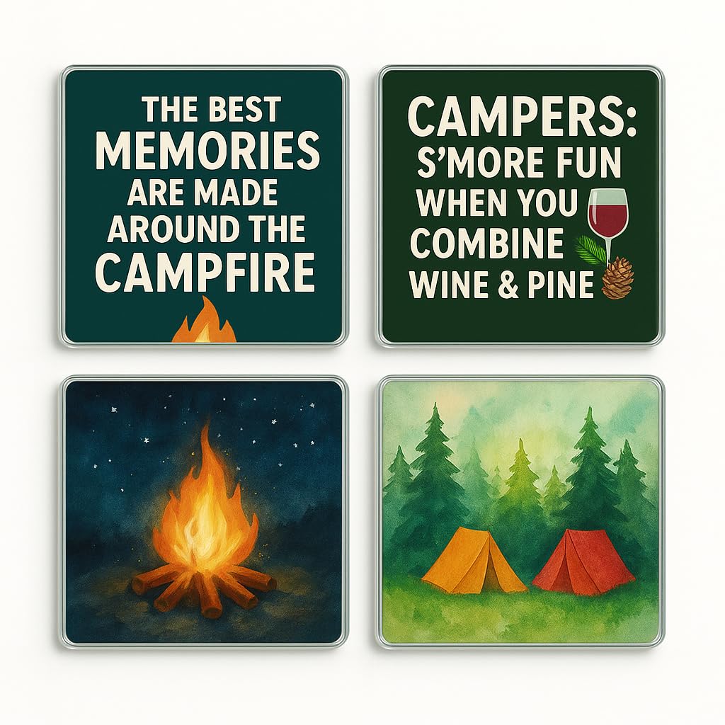 The Plum Penguin Campfire Whimsy Acrylic Coaster Gift Set Of 4 With Design - Fun Camping Quotes & Watercolours For Outdoor Enthusiasts