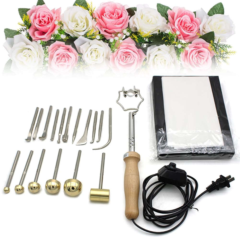 BOBVBElectric Fabric Flower Maker with 17 Heads DIY Cloth Fabric Flower Making Tool Set, Anti-Scalding Bracket, Adjustable Temperature, Fake Flower Making Petal Modeling Tools Set