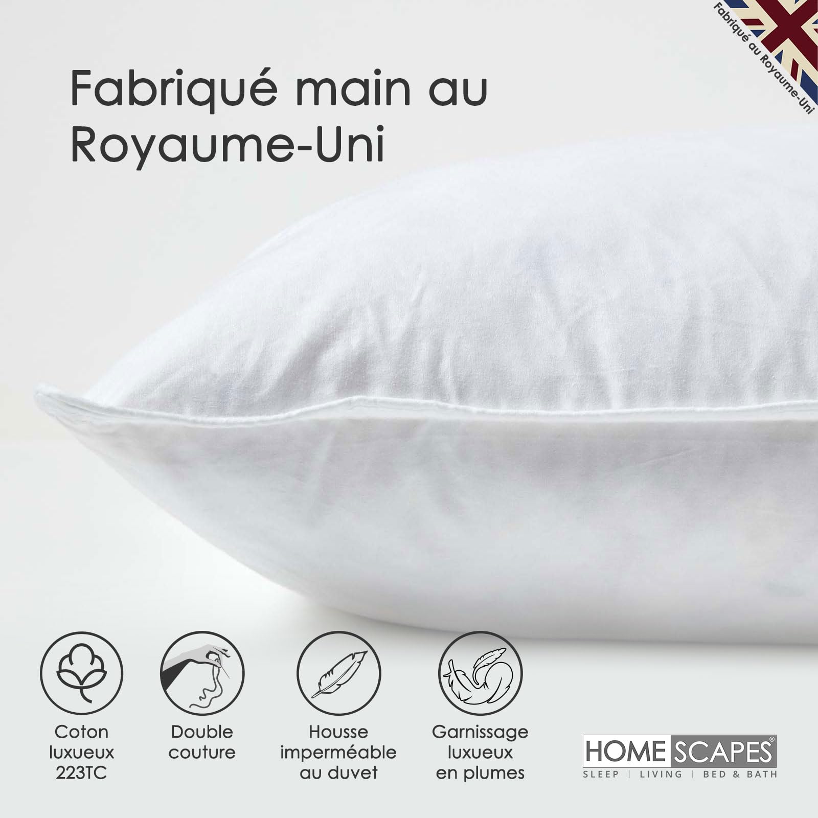 HOMESCAPES Lot de 2 Oreillers en Plumes de Canard et Coton, 65 x 65 cm, Oreillers Naturels Moelleux Hypoallergénique Anti-acariens