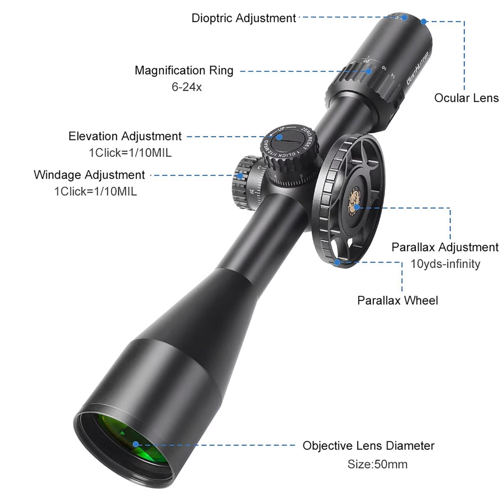 WestHunter Optics HD GEN2 6-24x50 FFP Precisión Miras Telescópicas, Exclusivo para Competiciones Deportivas de Larga Distancia | Zero Reset, Picatinny Shooting Kit B