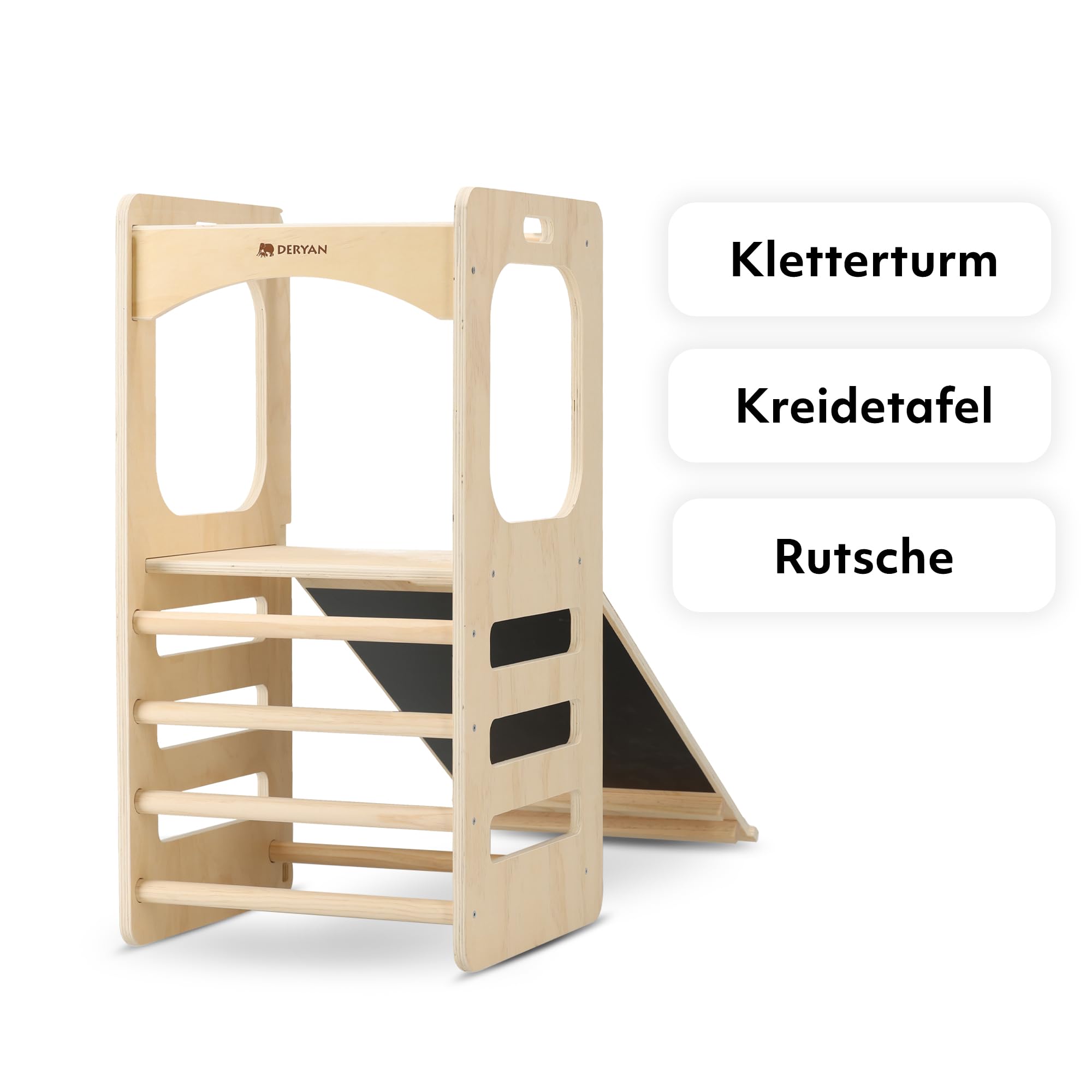 Deryan 4-in-1 Montessori Klettergerüst Kletterturm Indoor für Kinder von 3-8 Jahre (40 kg max.), Indoor Holz Indoor Spielplatz mit Rutsche, Kletterstangen, Leiter, Naturholz