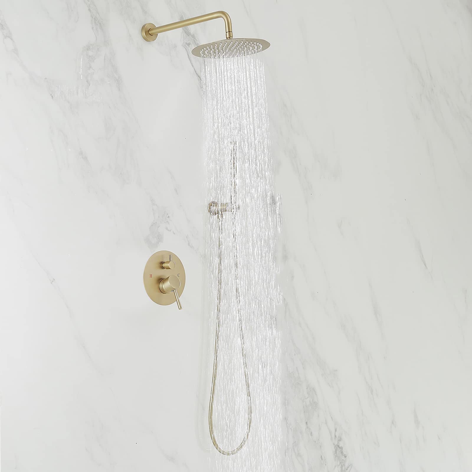 BWE Brushed Antique Brass Bathroom Luxury Rain Mixer Shower Combo Set Wall Mounted Shower Kit Rainfall Shower Head System Shower Faucet Rough-in Valve Body and Trim Included