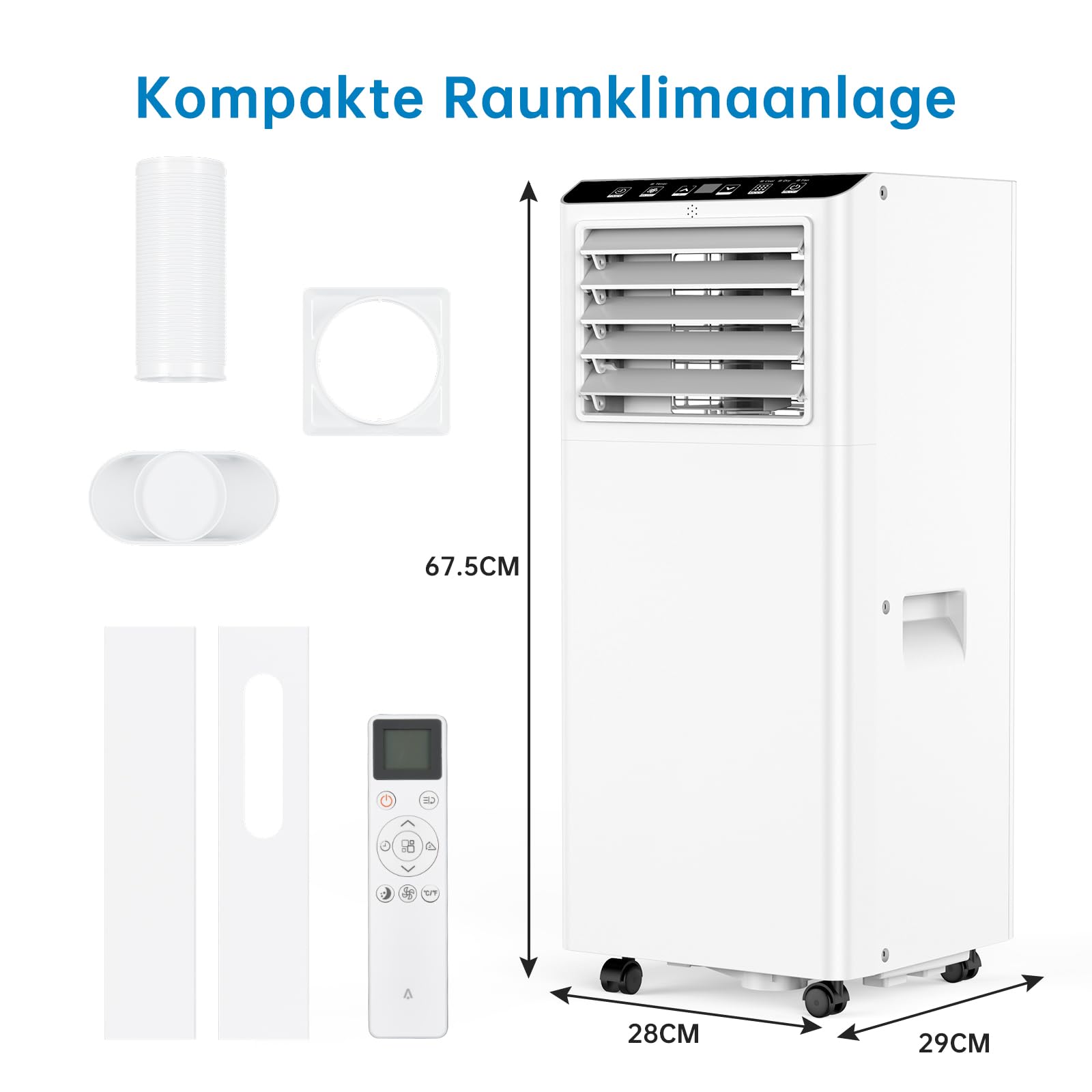 Climatiseur Mobile 7000 BTU (2000W), 3-en-1 Climatisation avec Refroidissement, Déshumidification et Ventilation, pour Pièces jusqu'à 25m², Minuteur 24h, Télécommande & Écran LED