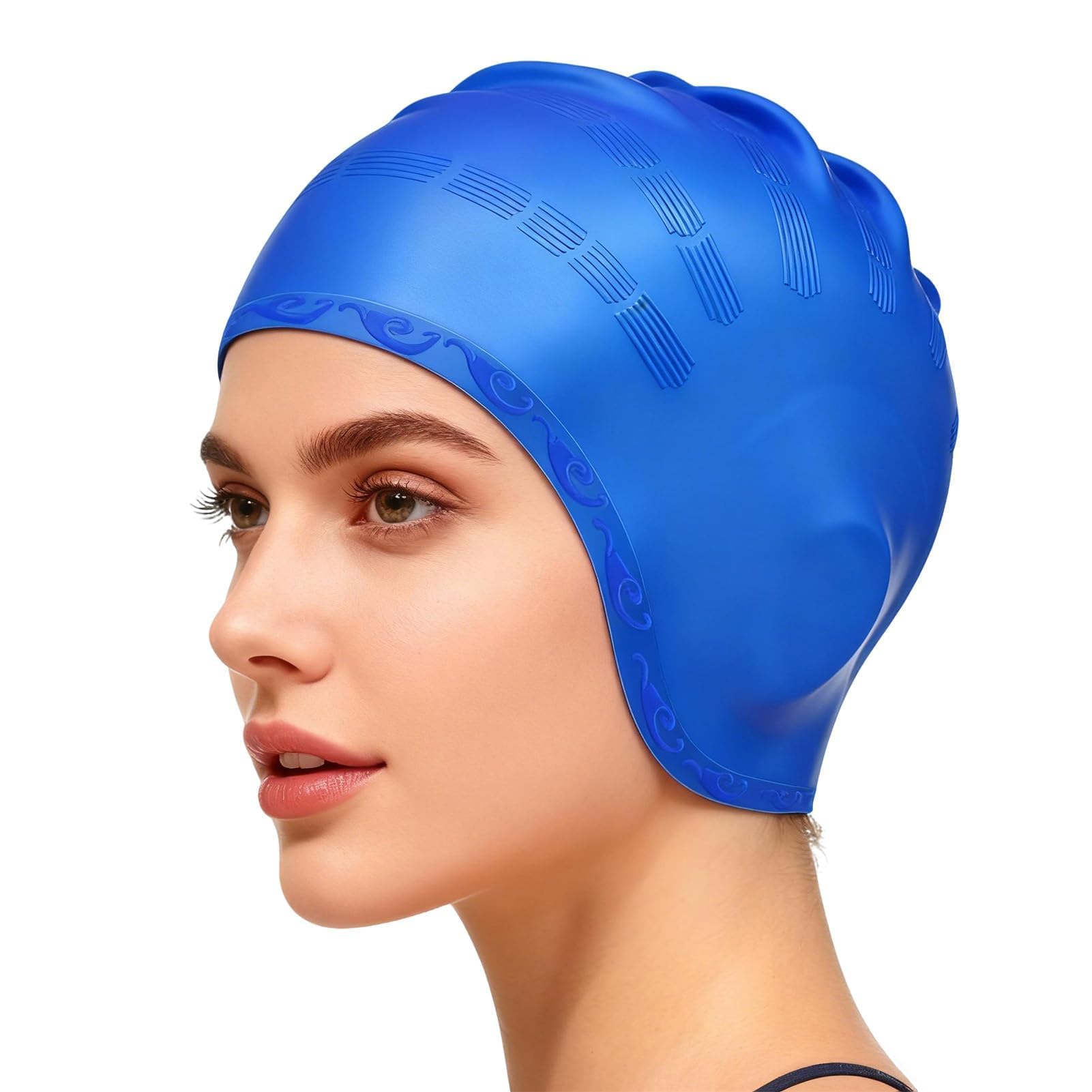 Silicone Swiming Cap, Swim Caps with 3D Ear Protection Hypoallergenic Waterproof Swimming Hat Fits Long & Short Hair Lightweight Elastic Anti-slip Swim Hat for Women Men Adult & Youth (Blue)