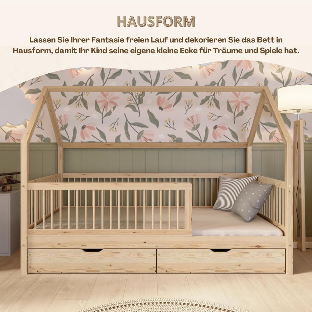 Hausbett – Montessori Kinderbett aus Massivholz mit Rausfallschutz – Sicheres Kinderbett aus Naturholz - Leichter Aufbau - Crazy Folly (Naturholz mit Schubladen, 160 x 80 cm)