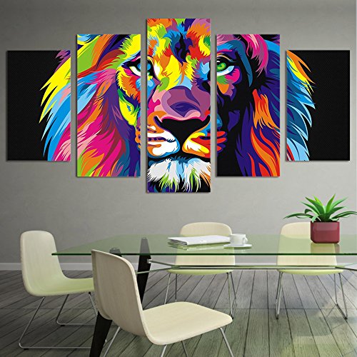 WJDJT 5 Piezas Lienzos Cuadros Pinturas León Animal Colorido Impresiones En Lienzo Decoración para El Arte De La Pared del Hogar, Salón Oficina Mordern Decoración Artística Cover