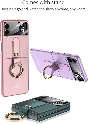 Miniatura 6 de Funda para Galaxy Z Flip 4 con soporte de anillo y correa de vidrio 9H, protector de pantalla para lente de cámara de vidrio ultra fino, funda de
