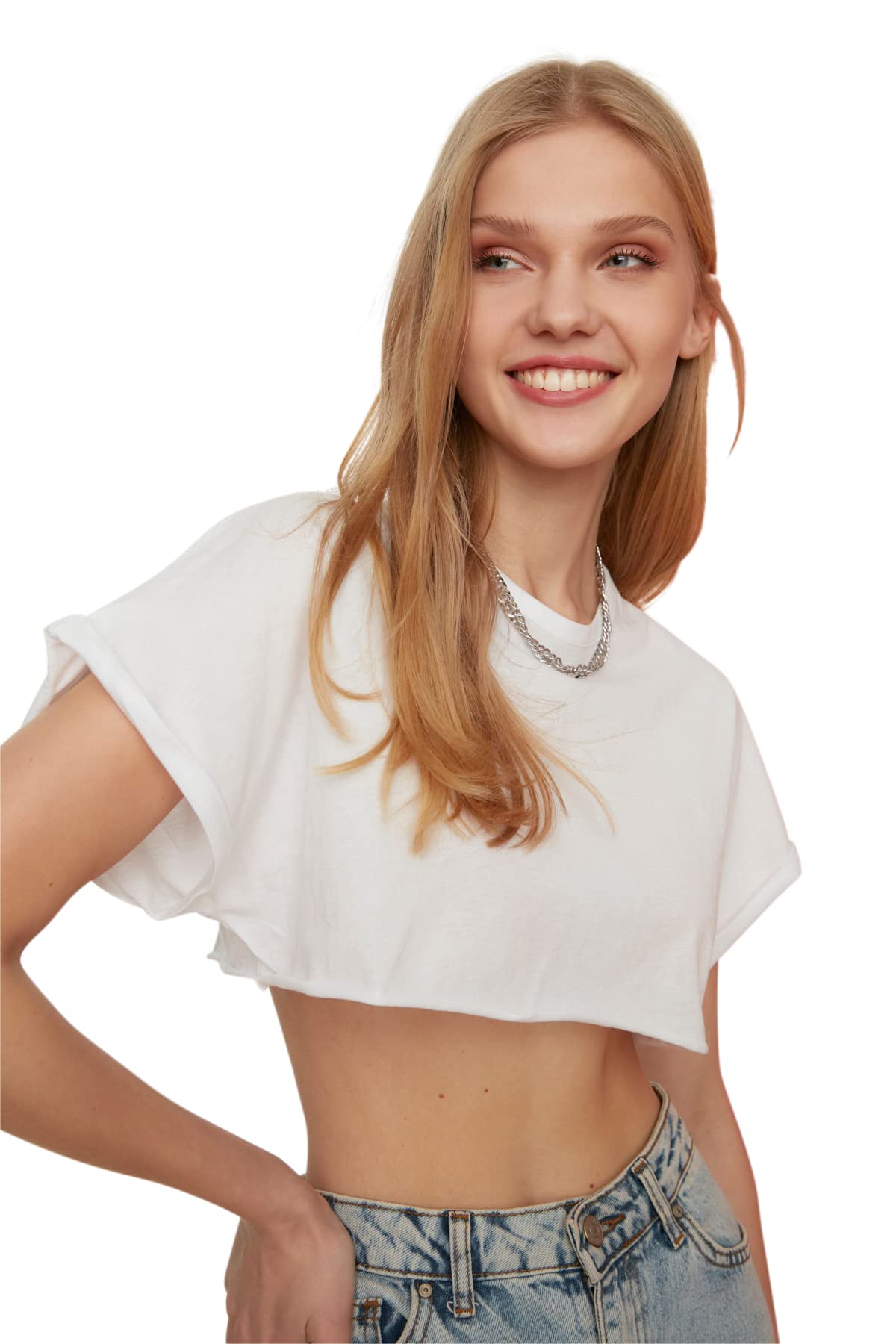 TRENDYOL Women's White Super Crop Knitted T-Shirt