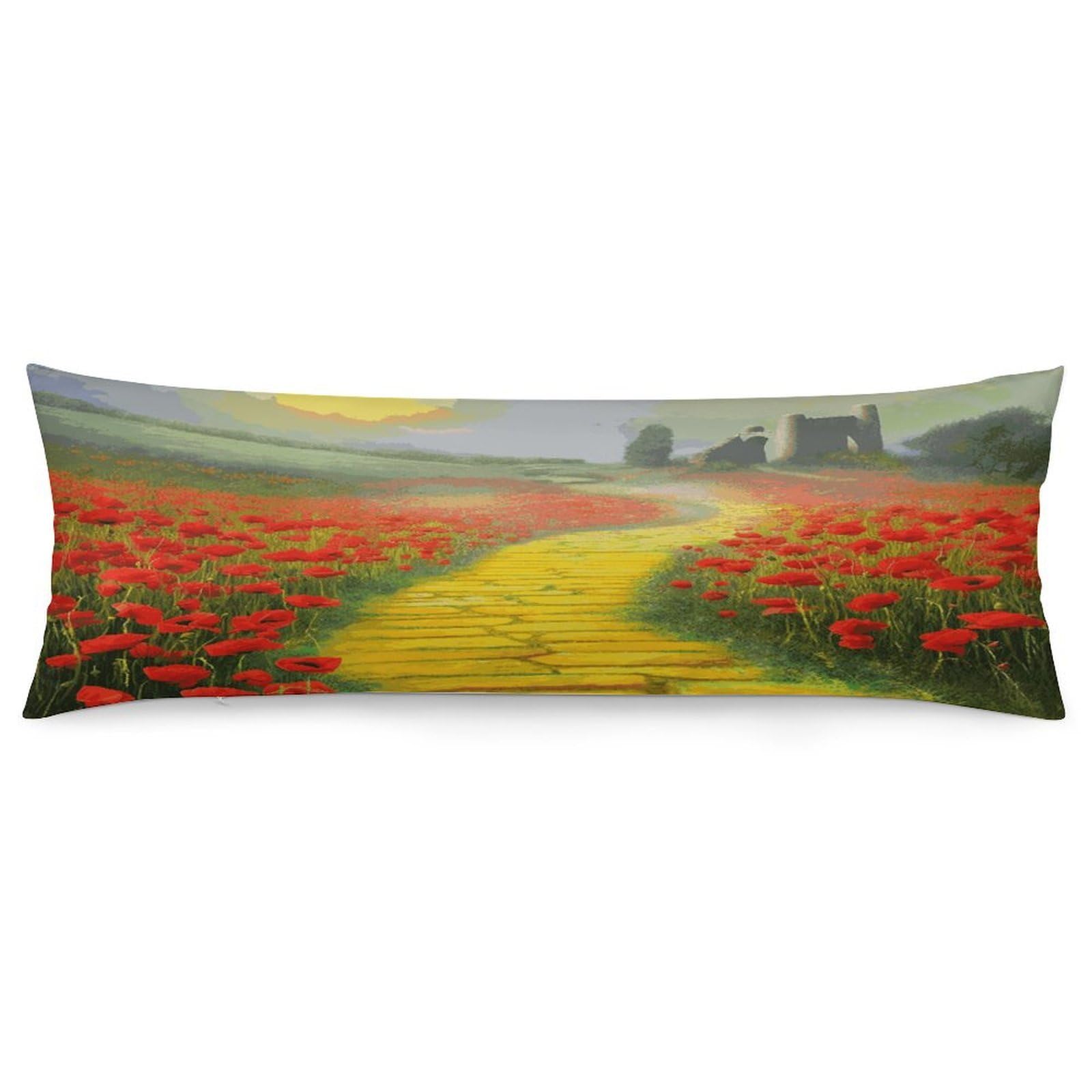 Poppies Field Yellow Brick Road Pillowcase Decorative Long Body Pillow Case Soft Breathable Body Pillow Cover Modern Large Pillowcase Cute Body Pillow Pillowcases for Bedroom Couch 18.9 X 53 Inch